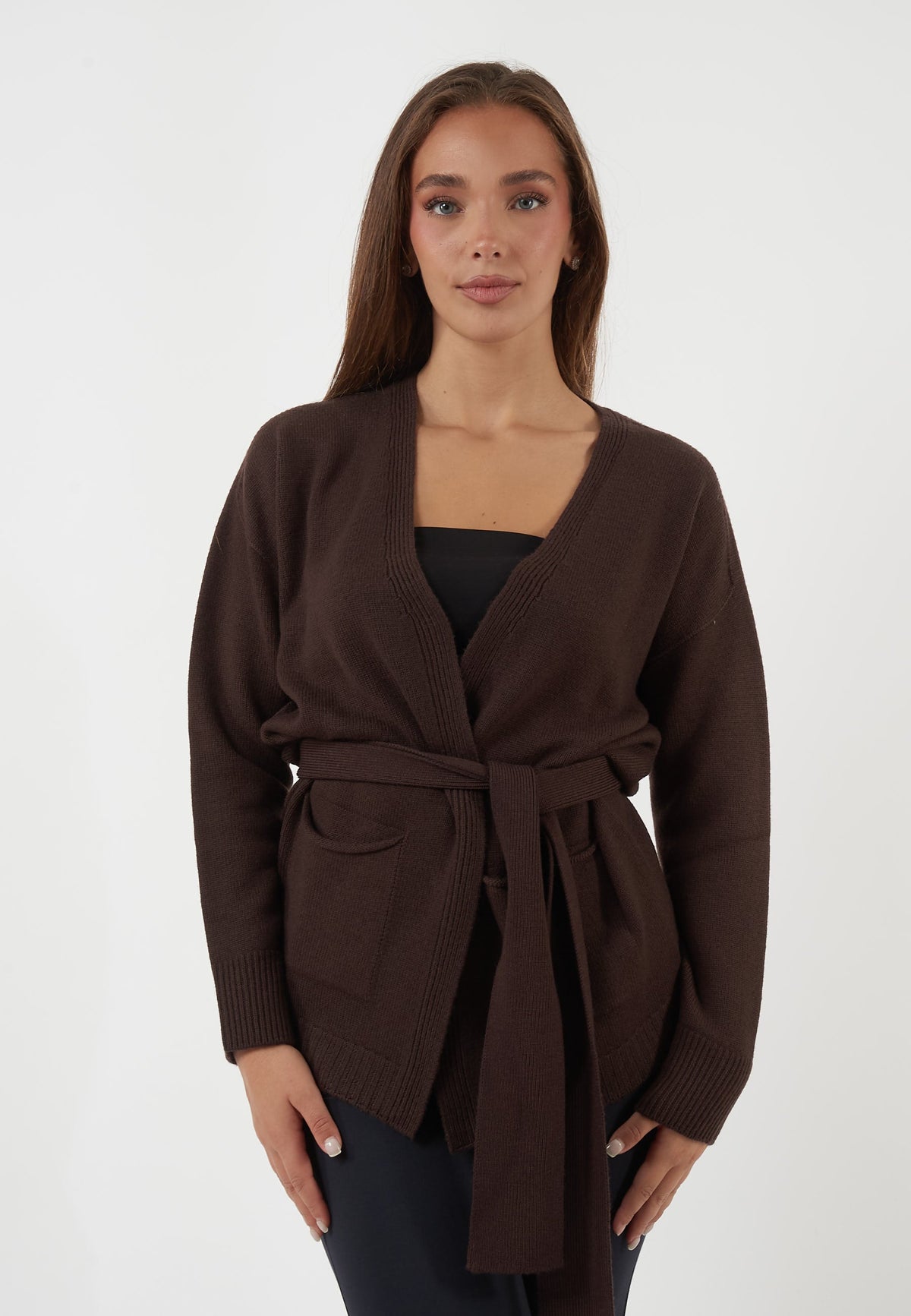 CARDIGAN IN LANA MARRONE CON CINTURA