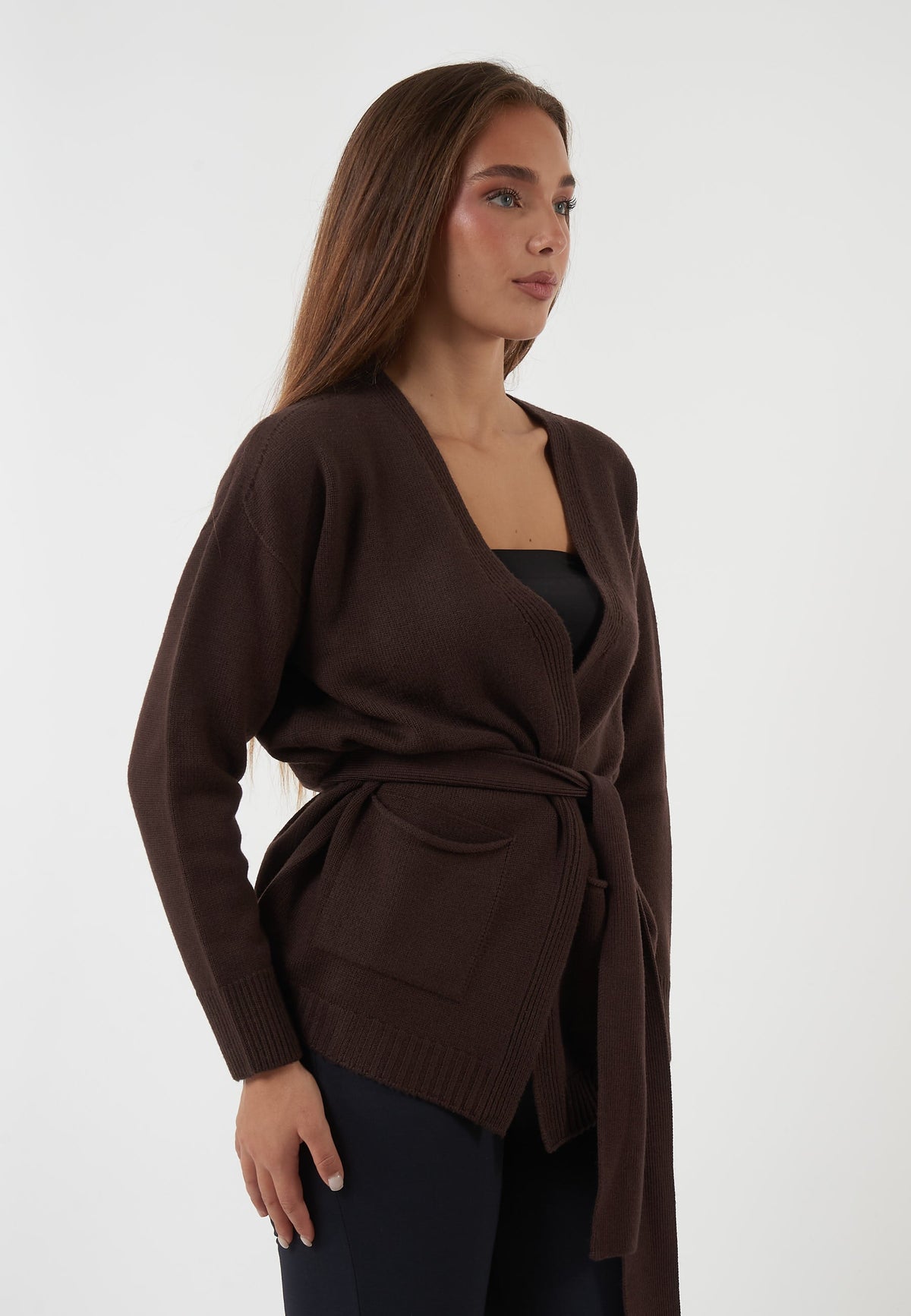 CARDIGAN IN LANA MARRONE CON CINTURA