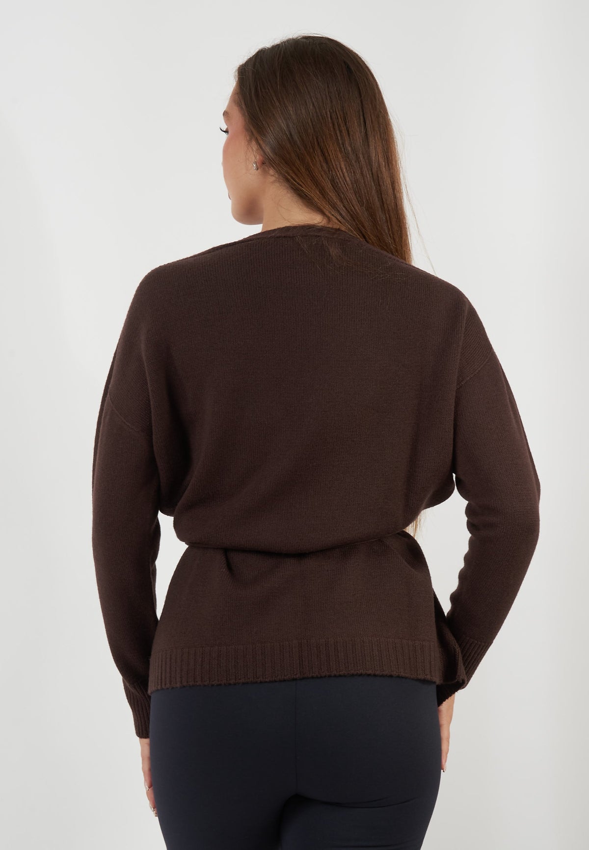 CARDIGAN IN LANA MARRONE CON CINTURA
