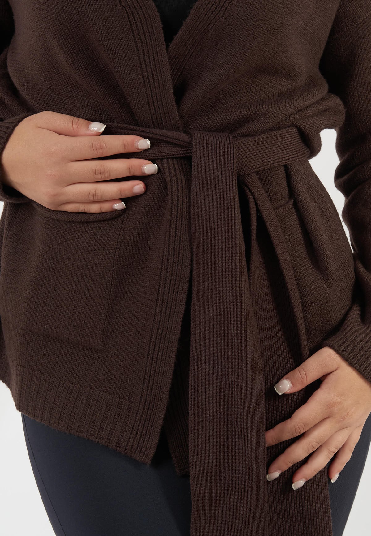 CARDIGAN IN LANA MARRONE CON CINTURA