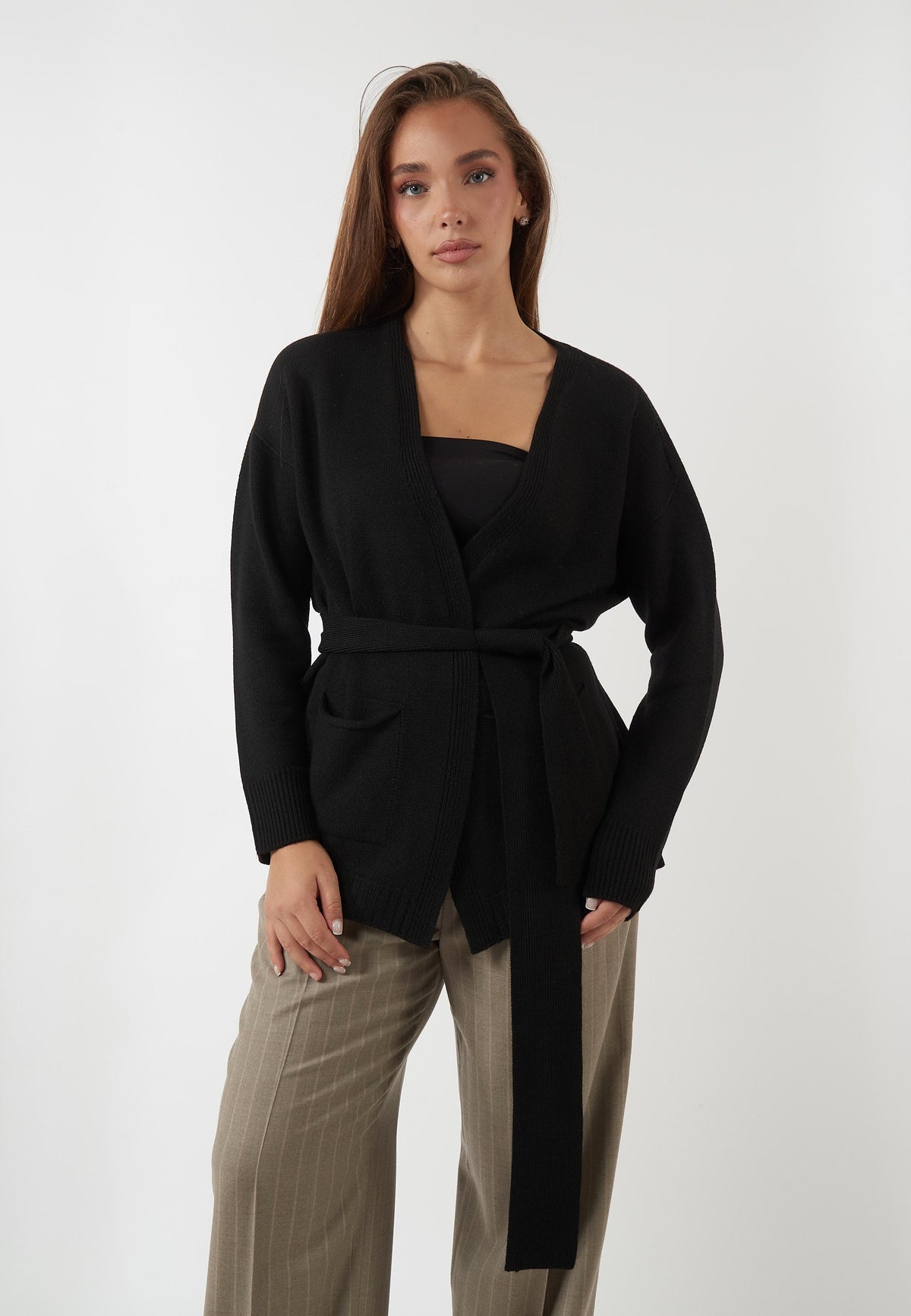 CARDIGAN IN LANA NERO CON CINTURA