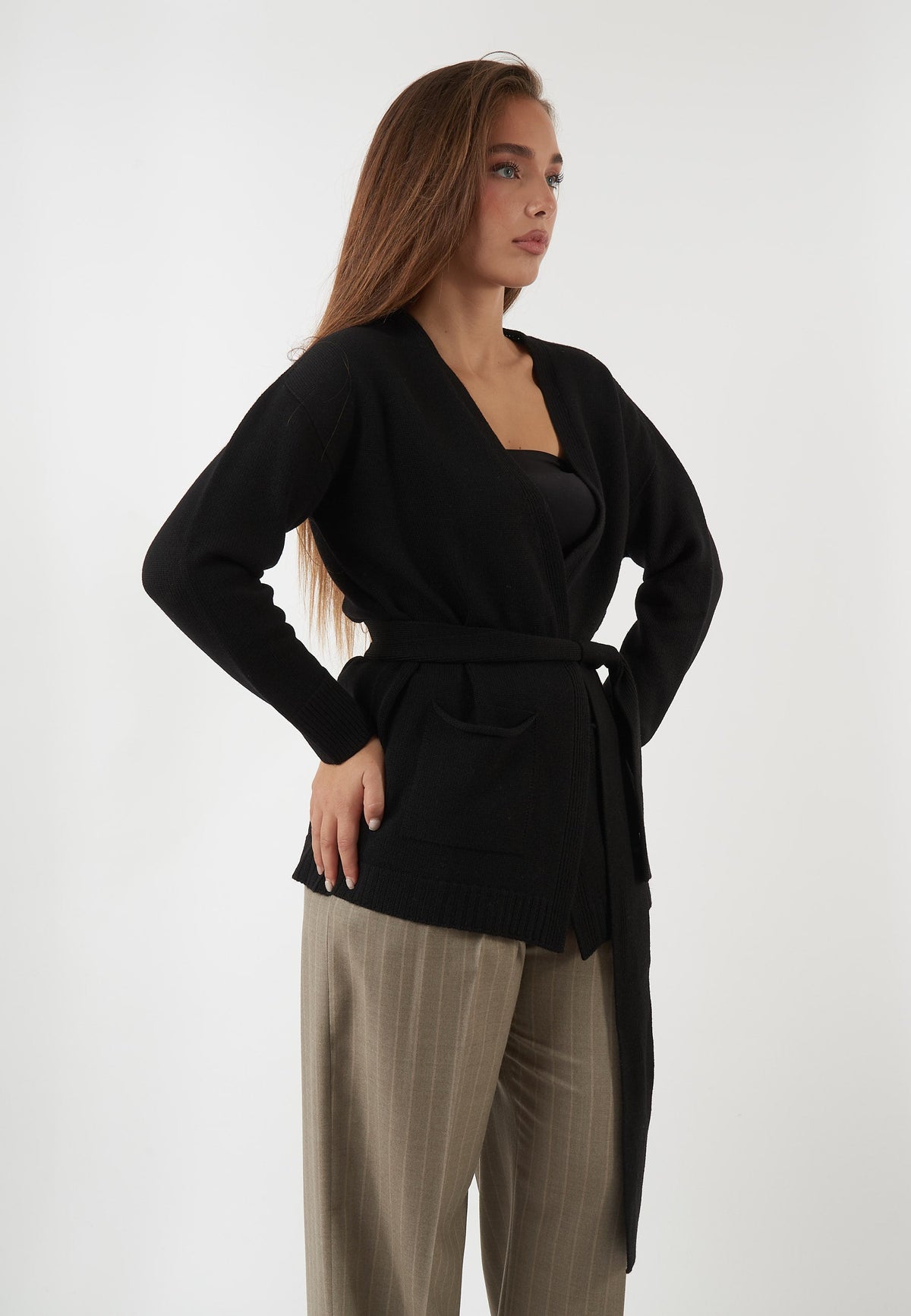 CARDIGAN IN LANA NERO CON CINTURA