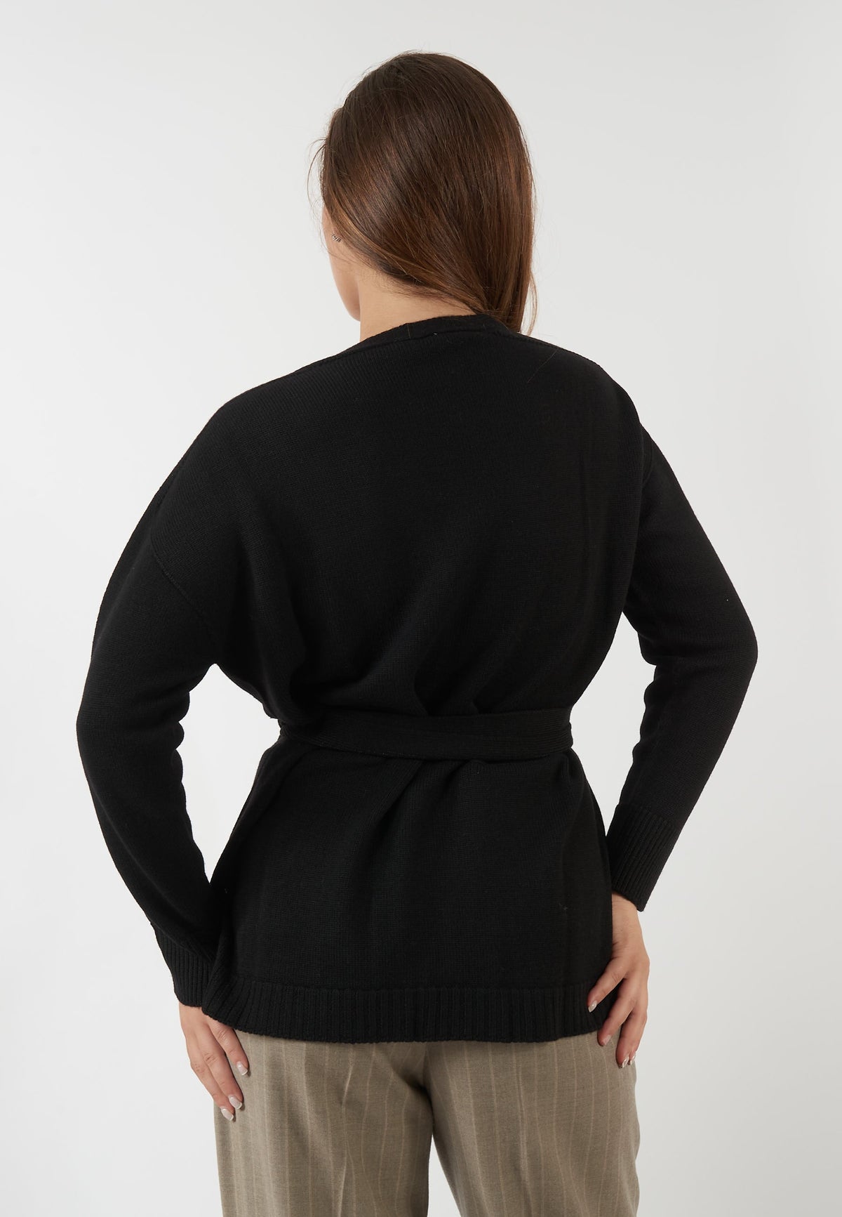 CARDIGAN IN LANA NERO CON CINTURA