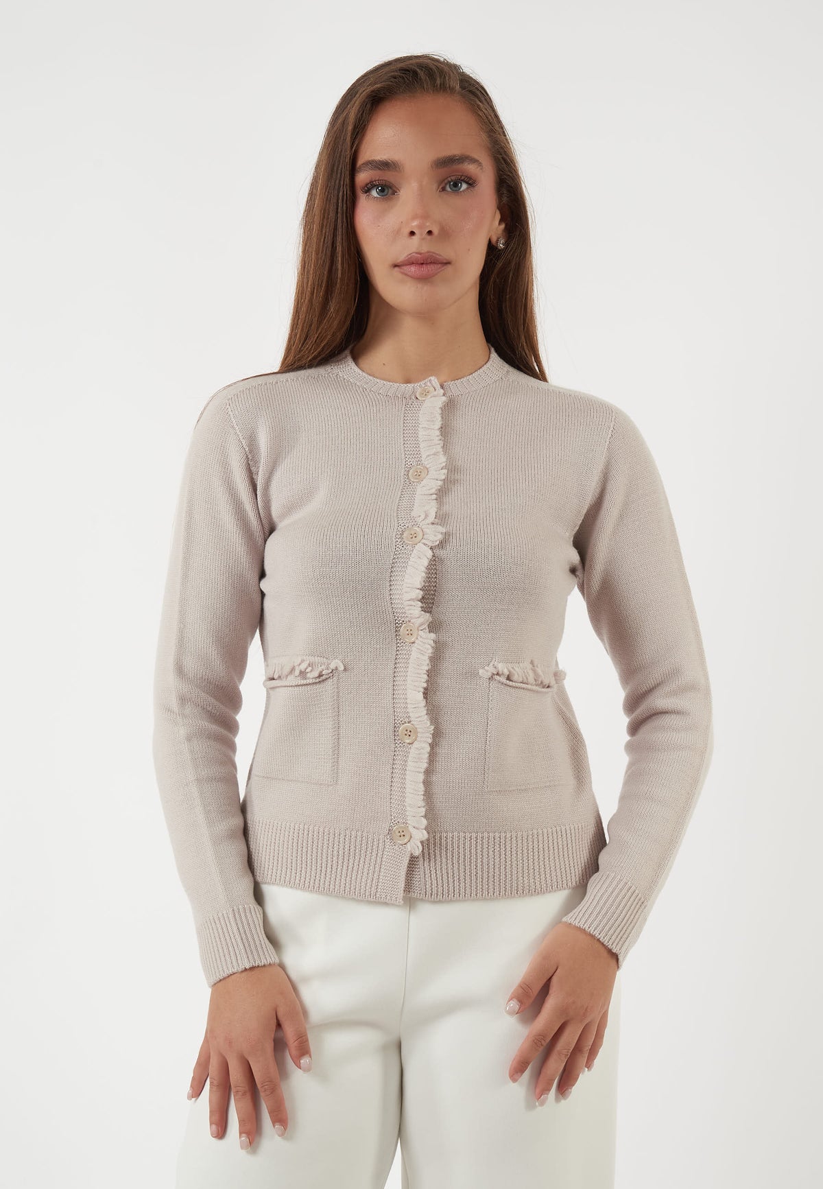 CARDIGAN IN LANA BEIGE CON VOLANT