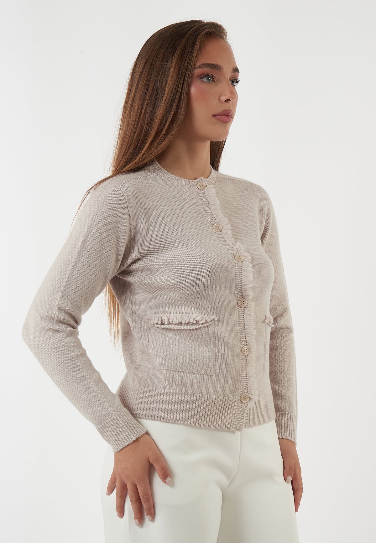 CARDIGAN IN LANA BEIGE CON VOLANT