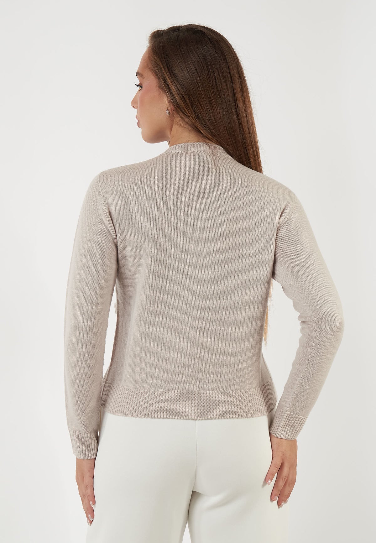 CARDIGAN IN LANA BEIGE CON VOLANT