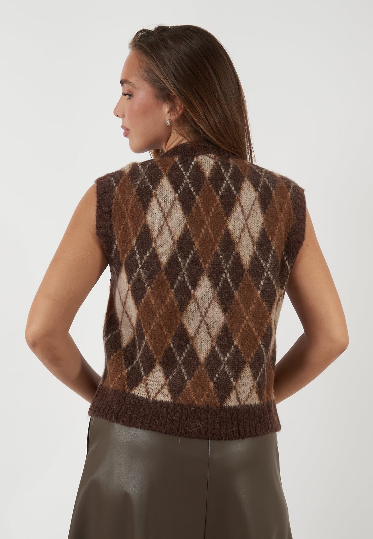 GILET IN MAGLIA A ROMBI MARRONE E BEIGE