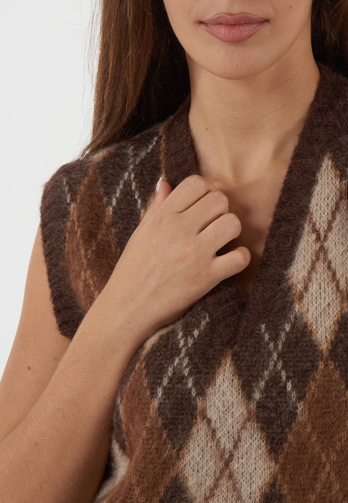 GILET IN MAGLIA A ROMBI MARRONE E BEIGE