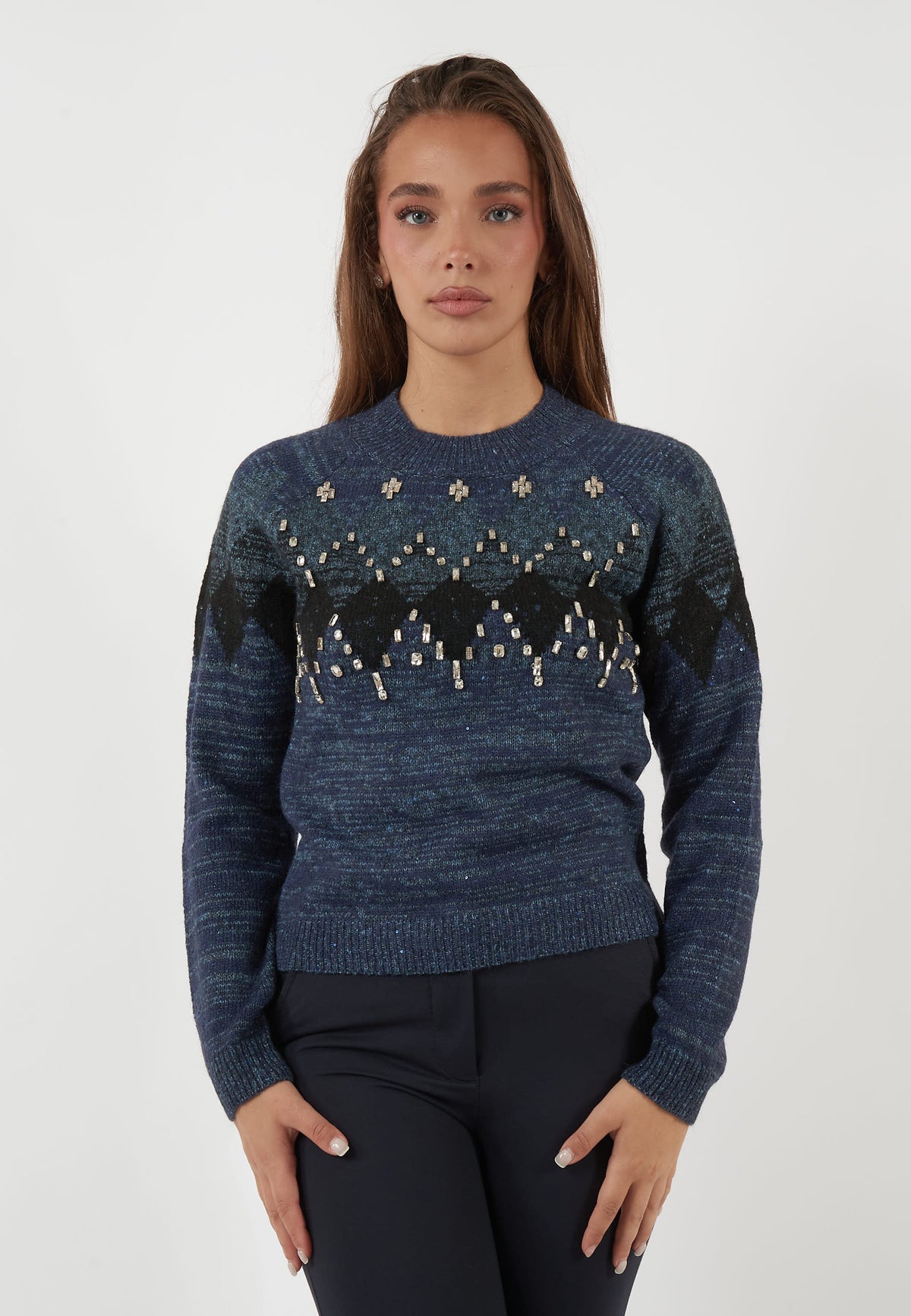 MAGLIA JACQUARD BLU CON APPLICAZIONI