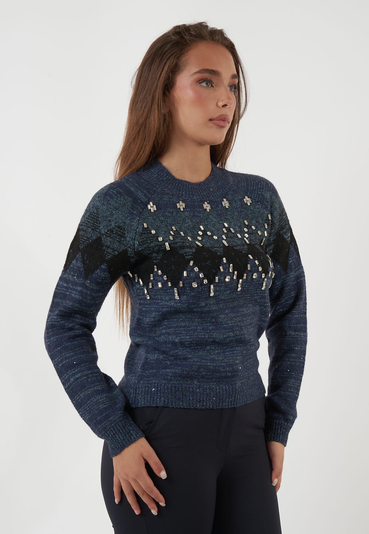 MAGLIA JACQUARD BLU CON APPLICAZIONI