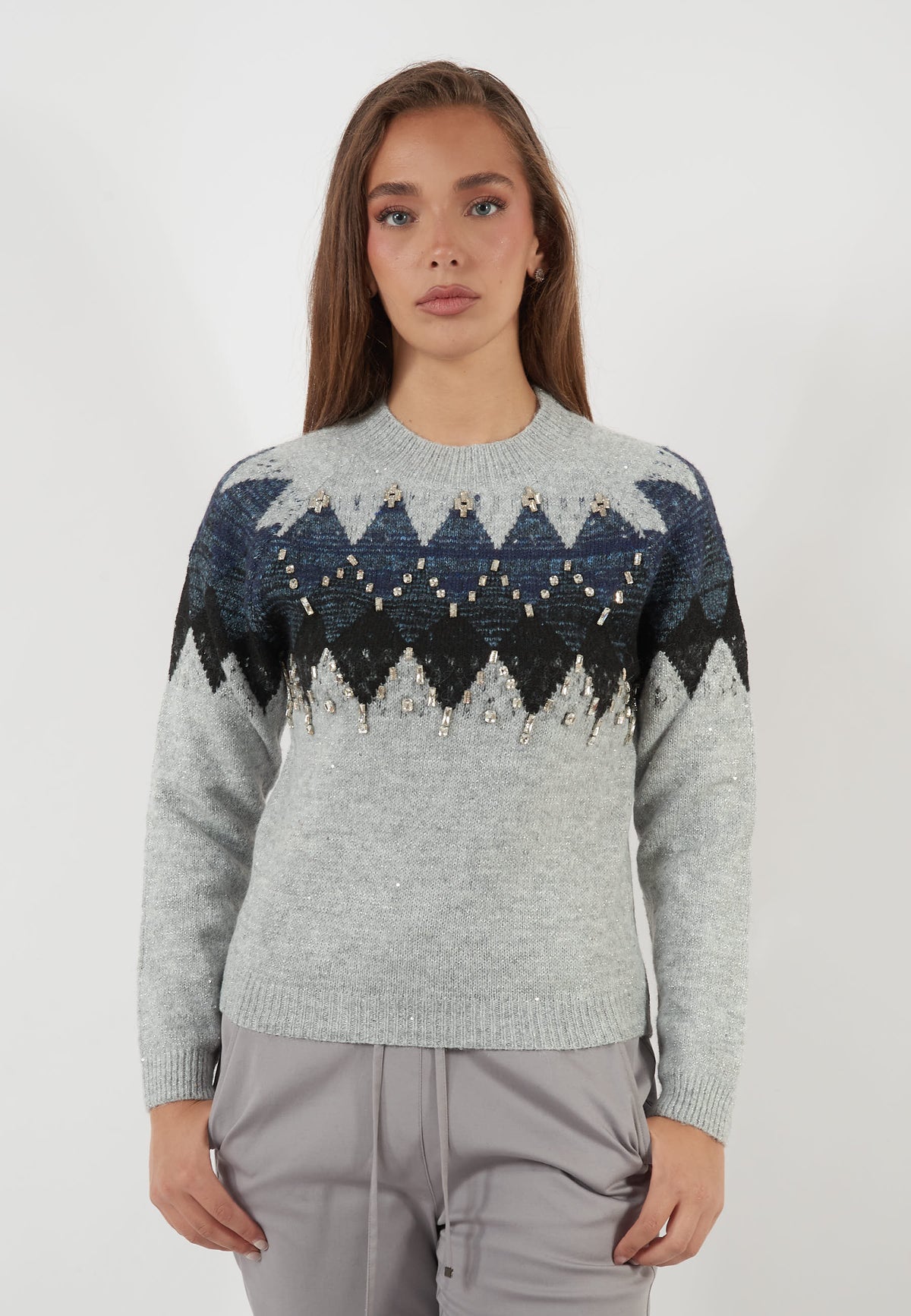 MAGLIA JACQUARD GRIGIA CON APPLICAZIONI