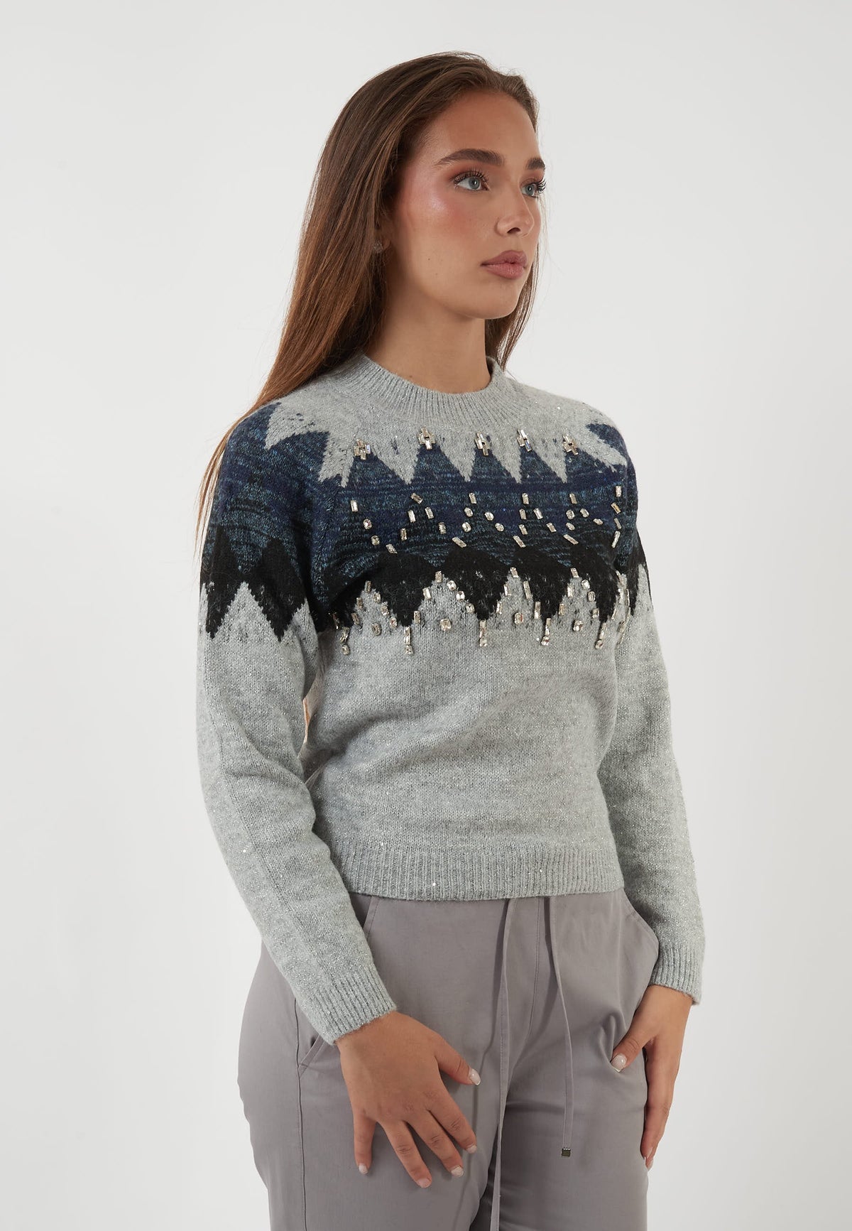 MAGLIA JACQUARD GRIGIA CON APPLICAZIONI