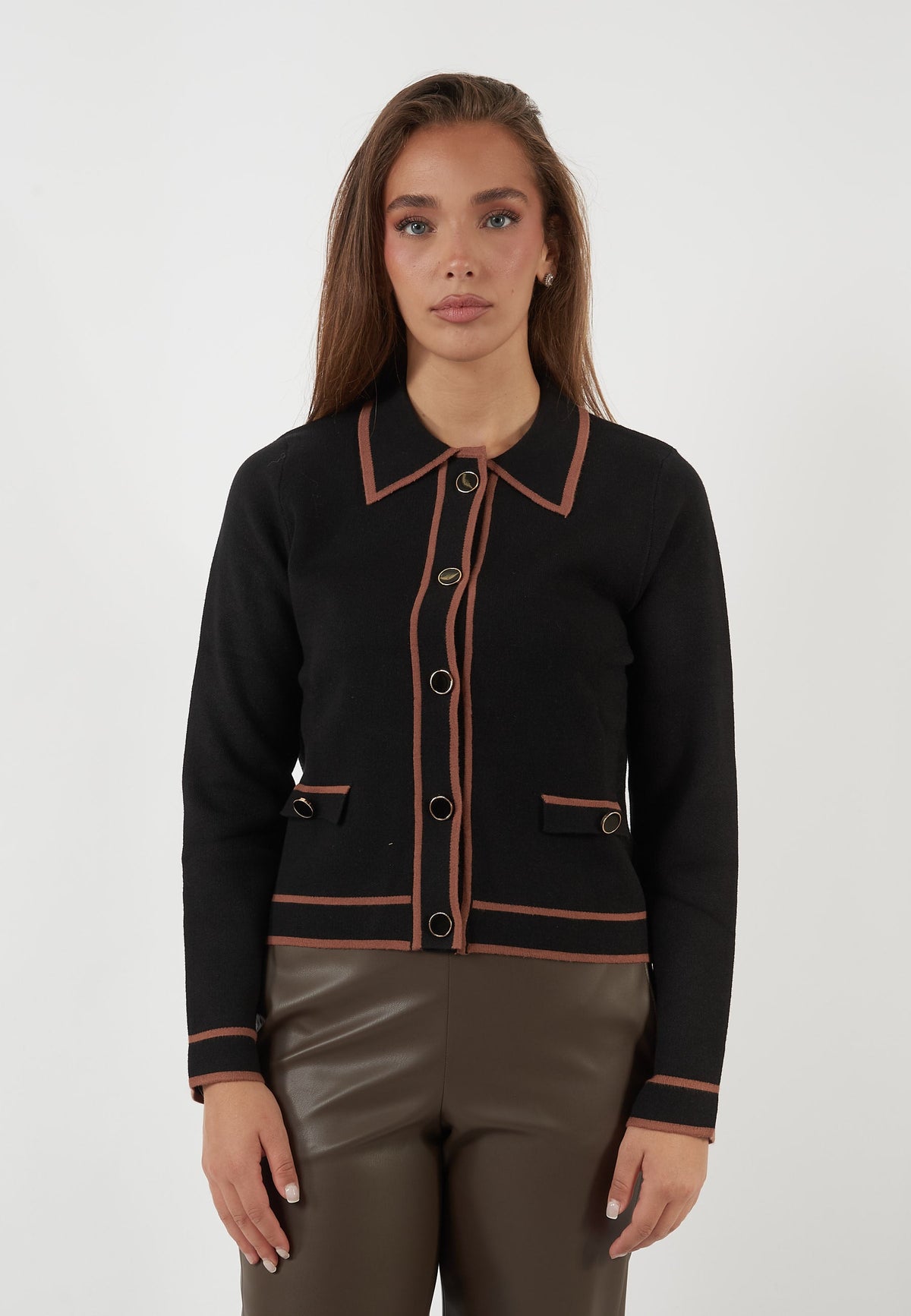 CARDIGAN NERO CON COLLETTO E PROFILI A CONTRASTO