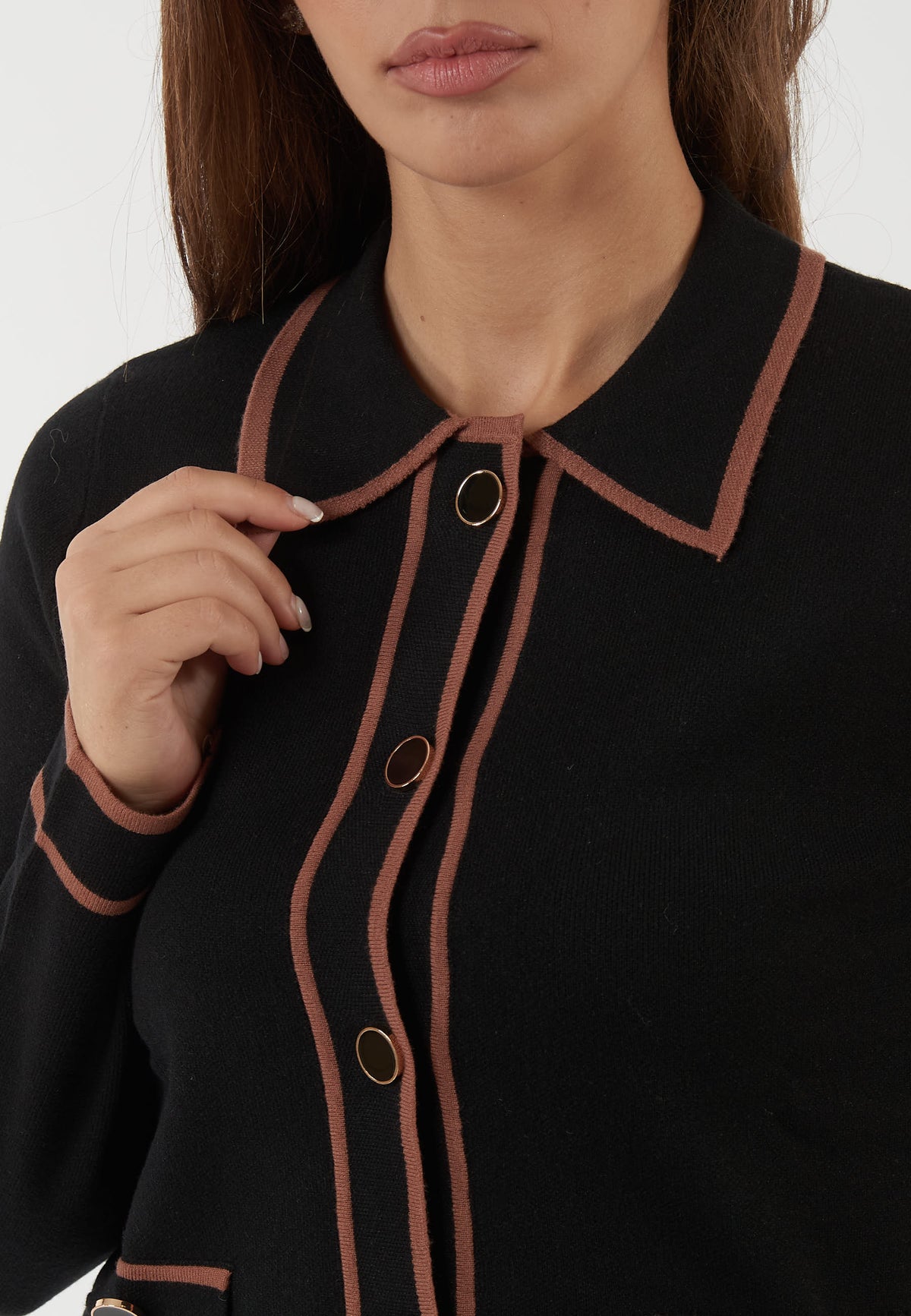 CARDIGAN NERO CON COLLETTO E PROFILI A CONTRASTO
