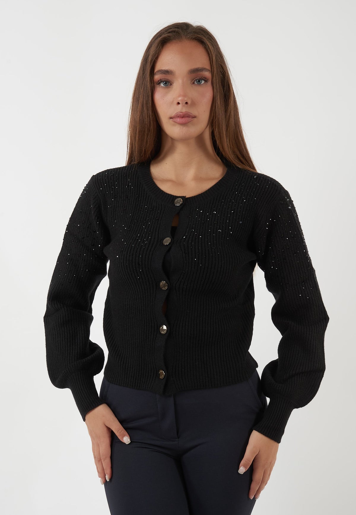 CARDIGAN NERO A COSTE CON APPLICAZIONI LUMINOSE