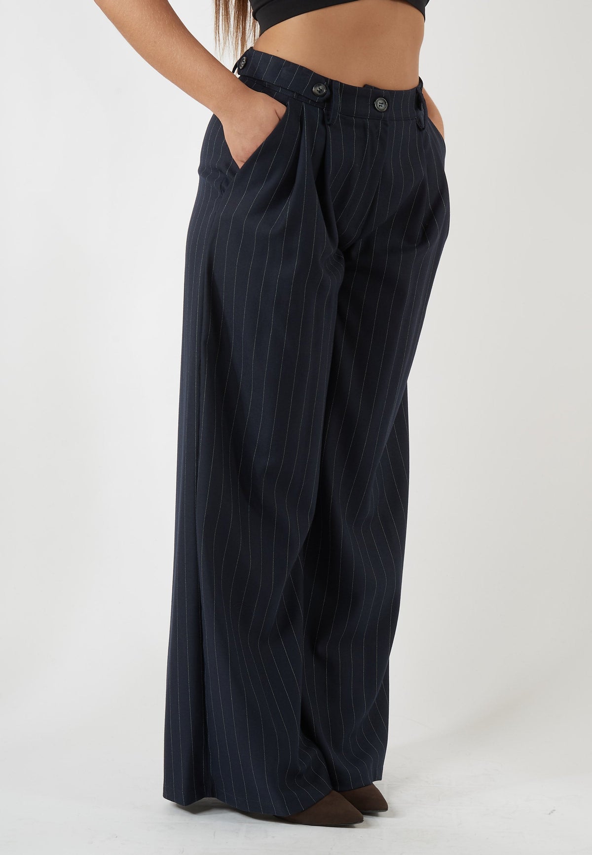 PANTALONE GESSATO BLU A GAMBA AMPIA