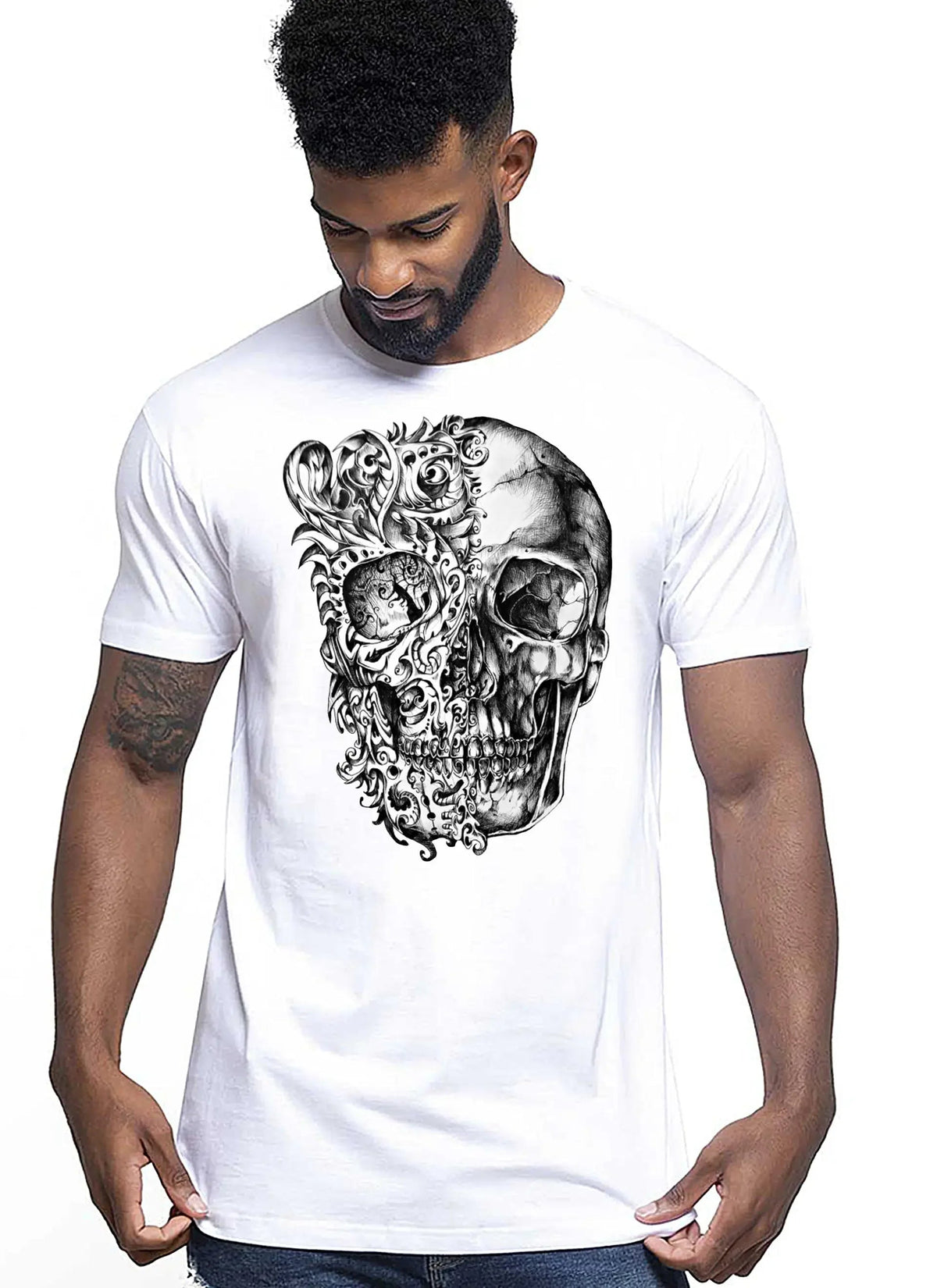 STREET STYLE T-shirt Uomo Artskull Floreal Skull Zombi Tattoo 9016 Bianco
