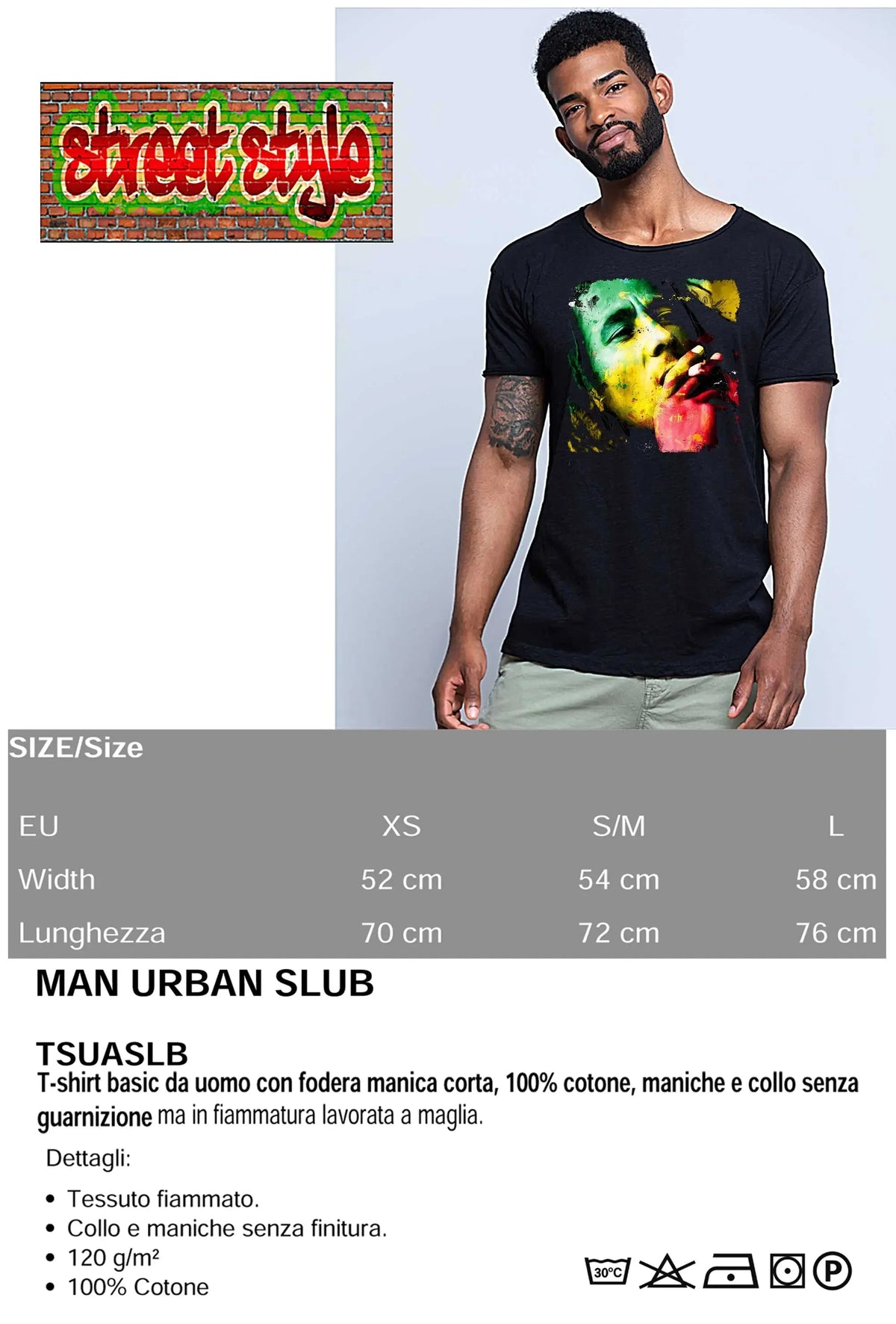 Bob Marley Stilizzato Color Cantante Soggetto 18-20-34 T-shirt Urban Slub Men Uomo 100% Cotone Fiammato BS