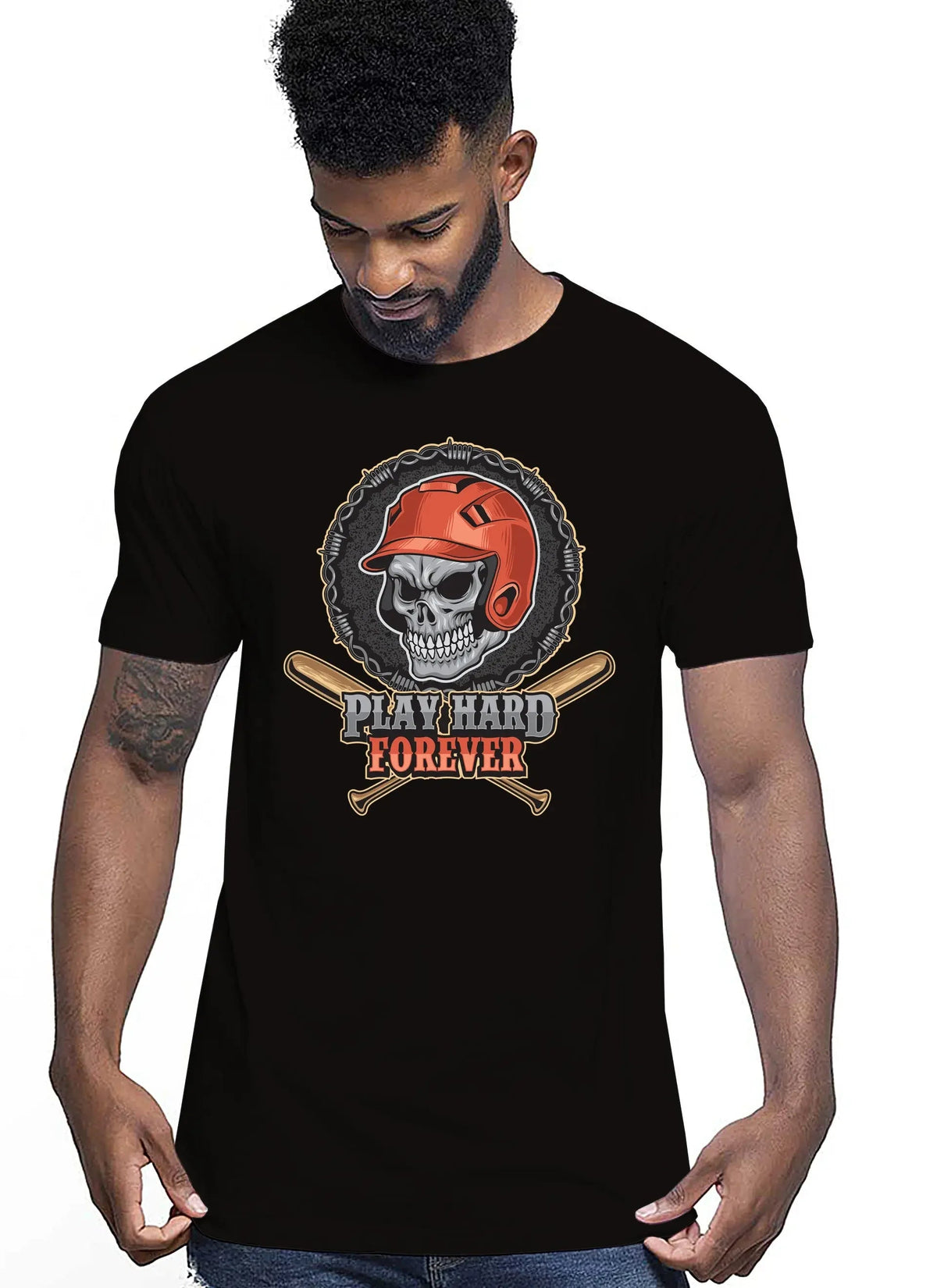 Baseball Skull Motor Tattoo 9052 T-shirt Urban Men Uomo 100% Cotone Pettinato JK