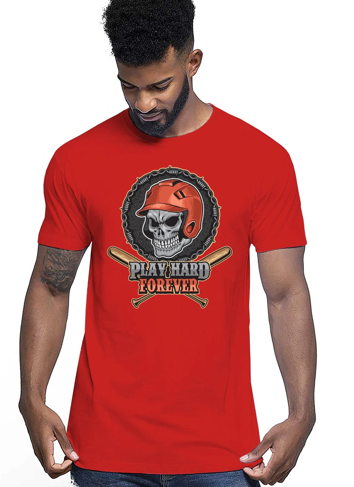 Baseball Skull Motor Tattoo 9052 T-shirt Urban Men Uomo 100% Cotone Pettinato JK