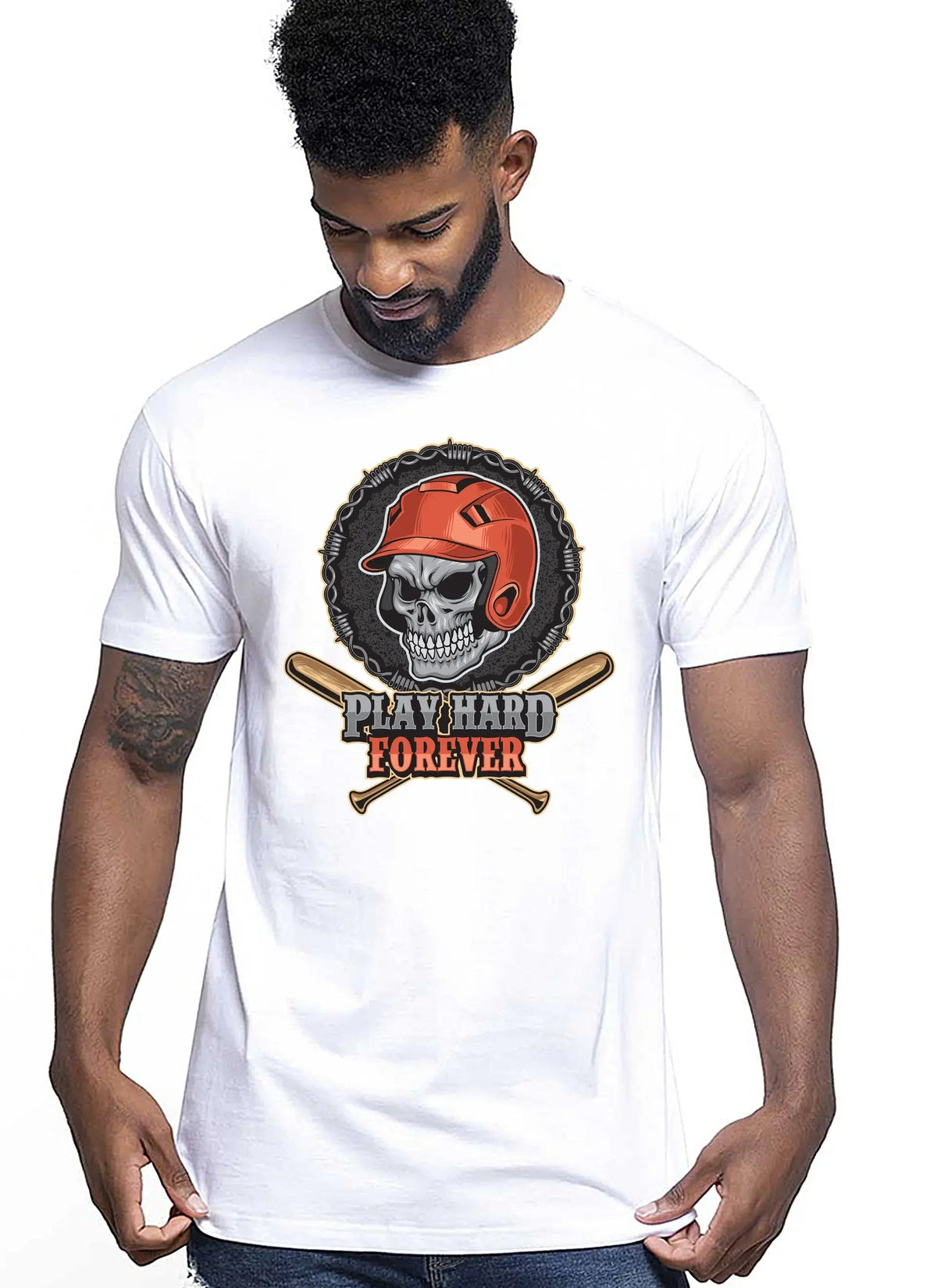 Baseball Skull Motor Tattoo 9052 T-shirt Urban Men Uomo 100% Cotone Pettinato JK