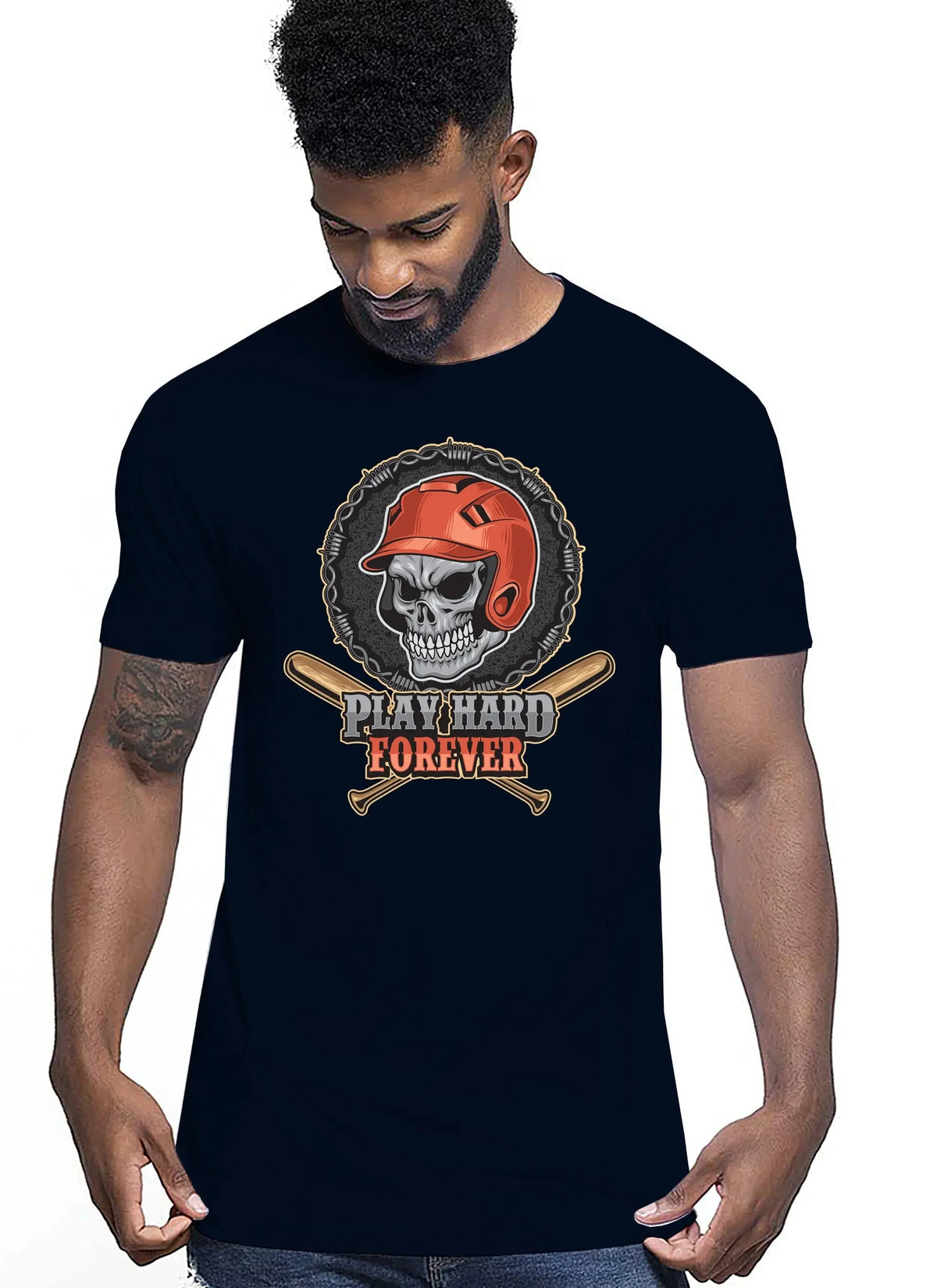 Baseball Skull Motor Tattoo 9052 T-shirt Urban Men Uomo 100% Cotone Pettinato JK