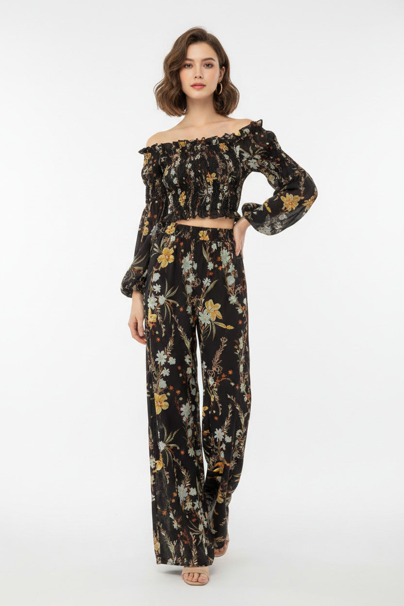 Completo Donna Elegante Estivo in Chiffon con Pantaloni Vita Alta