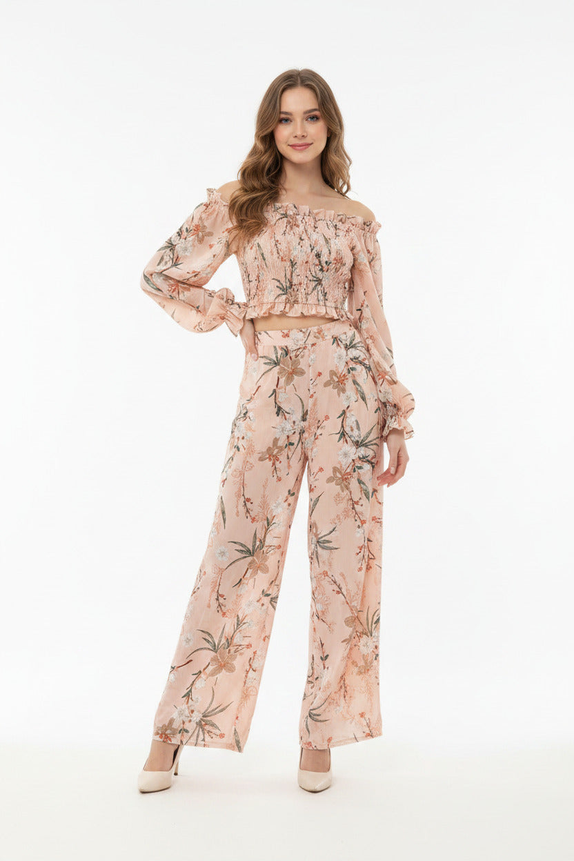 Completo Donna Elegante Estivo in Chiffon con Pantaloni Vita Alta