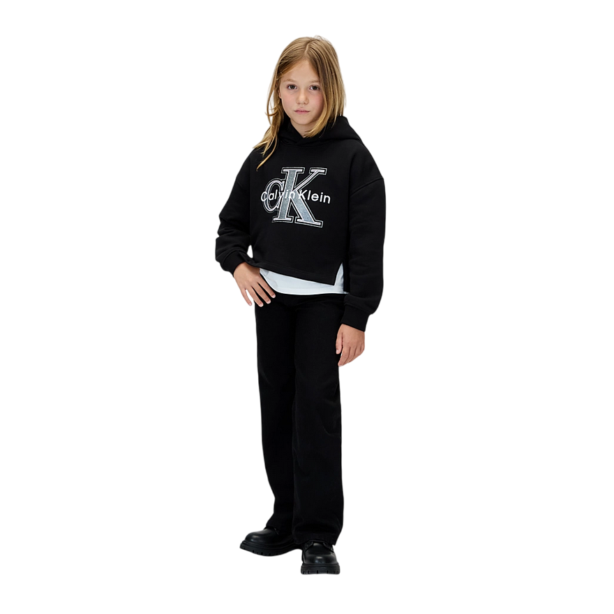 Calvin Klein Felpa con Cappuccio Unisex Junior Festiva Grafica Pile IG0IG03018BHE Nero