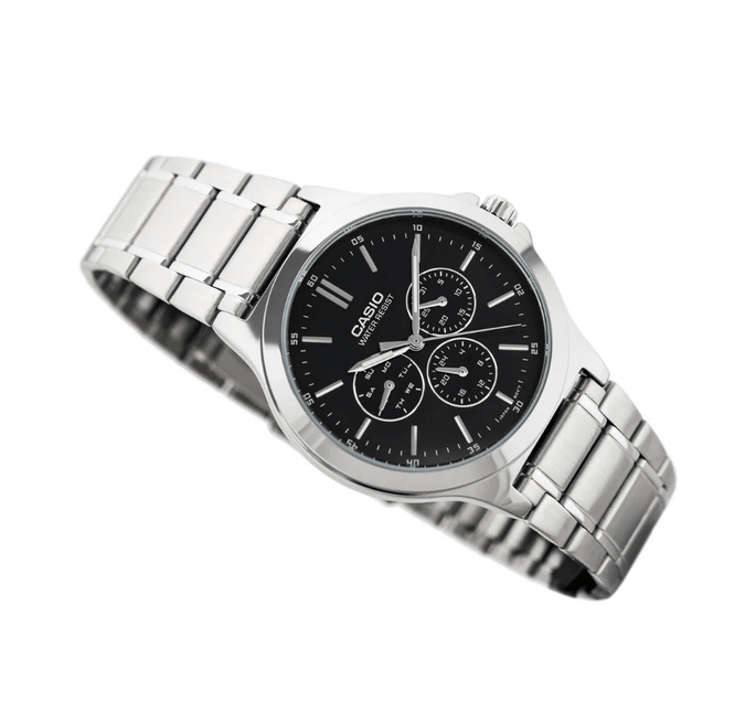 Casio MTP-V300D-1A – Orologio da Uomo in Acciaio, Display Giorno/24h, Quadrante Nero