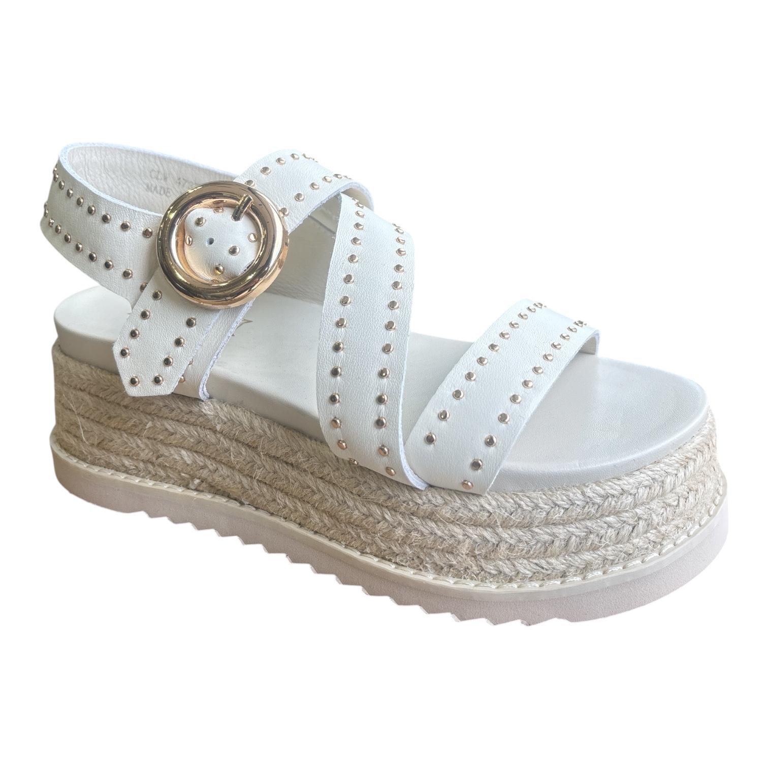 Cult Sandalo Donna Bianco Zeppa Borchie Fibbia Dorata - CLW473701