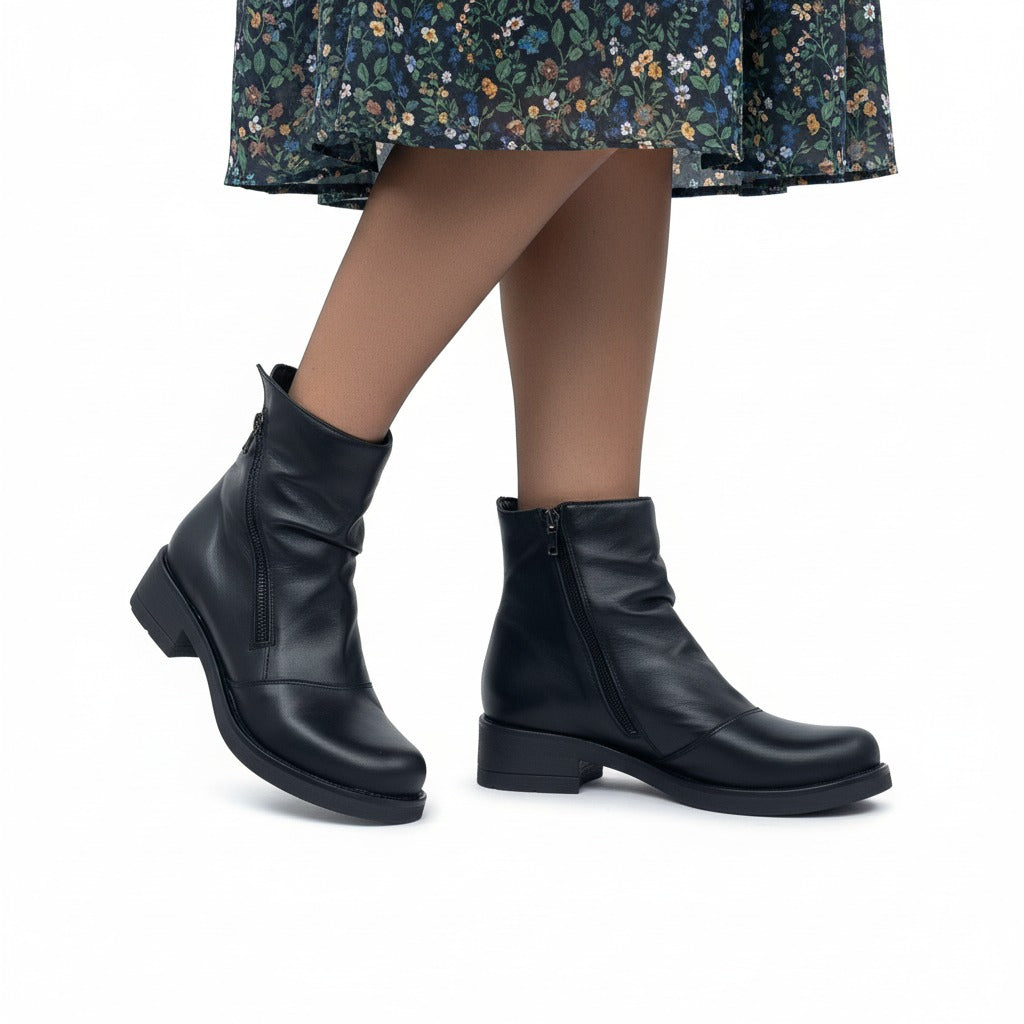 Vyjoù Stivaletti Donna Doppia Zip Nero in Vera Pelle