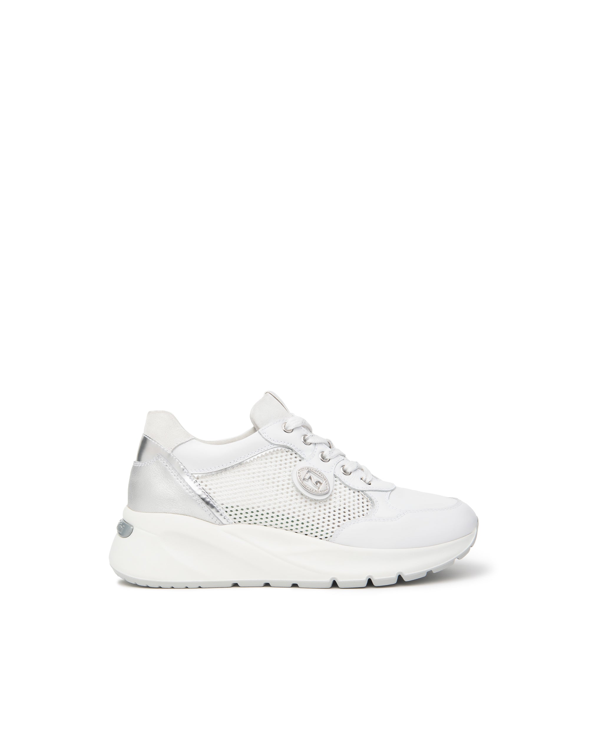 Nero Giardini  Sneakers da donna in pelle, tela e materiale tecnico E615180D 707 Bianca