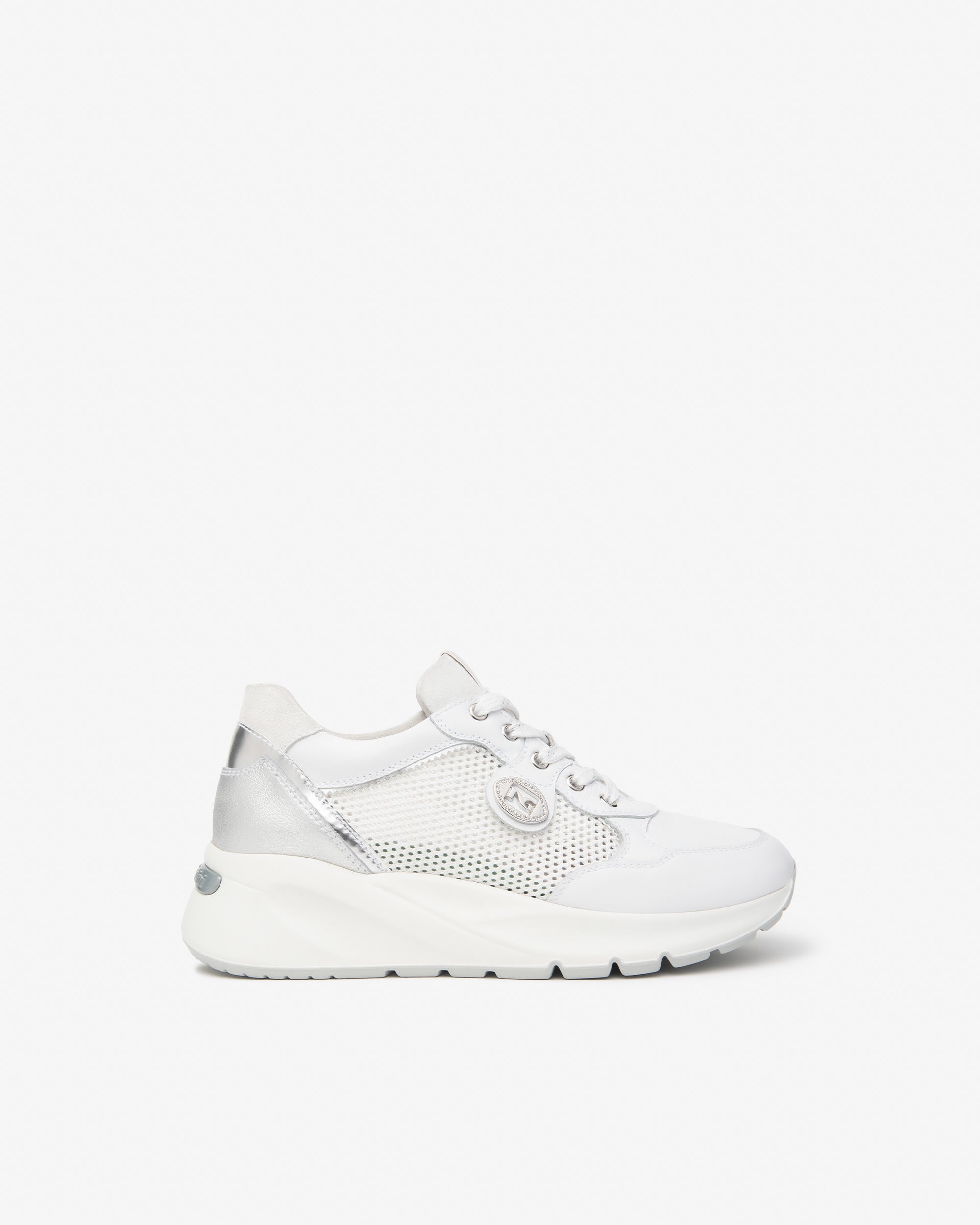 Nero Giardini  Sneakers da donna in pelle, tela e materiale tecnico E615180D 707 Bianca