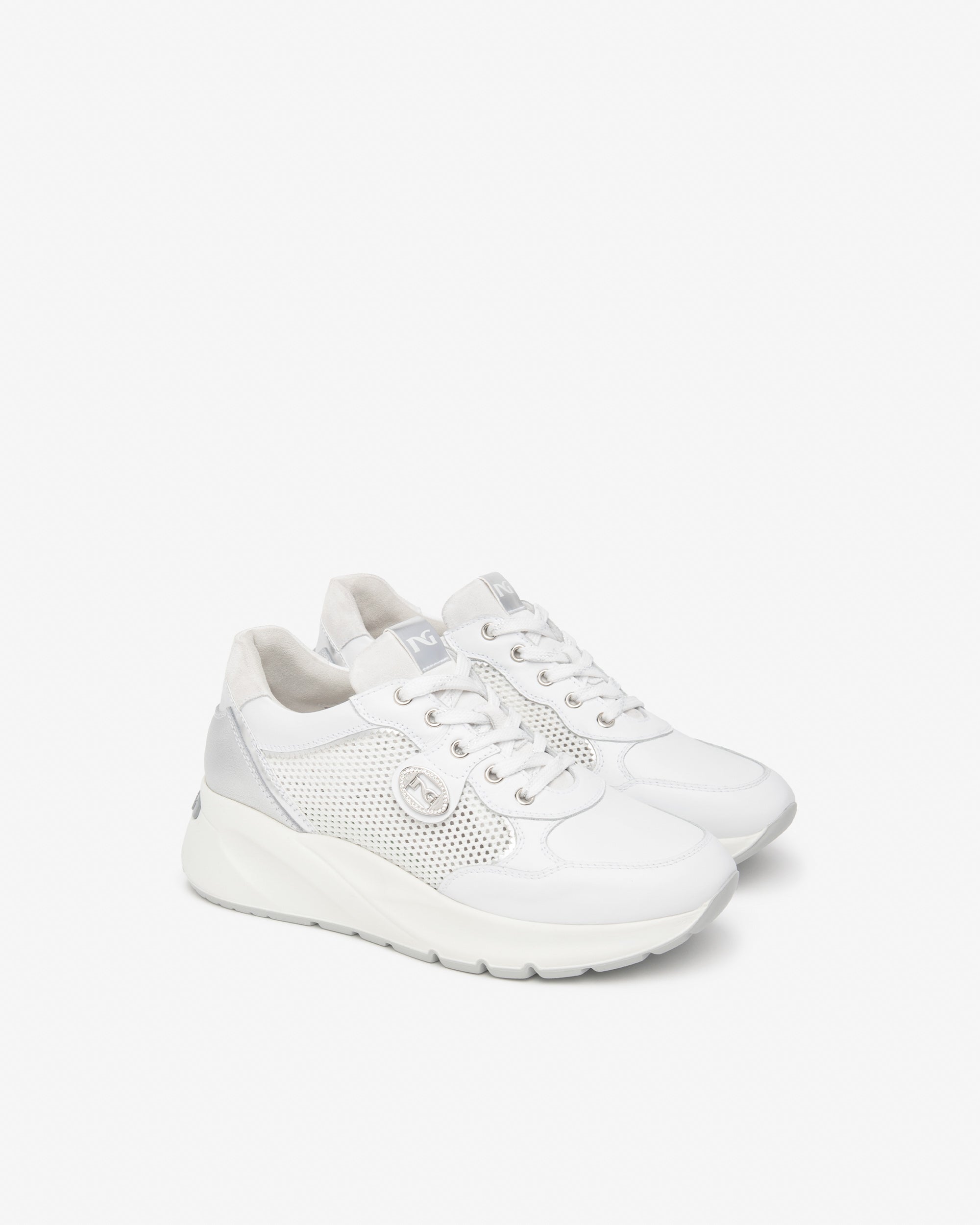 Nero Giardini  Sneakers da donna in pelle, tela e materiale tecnico E615180D 707 Bianca