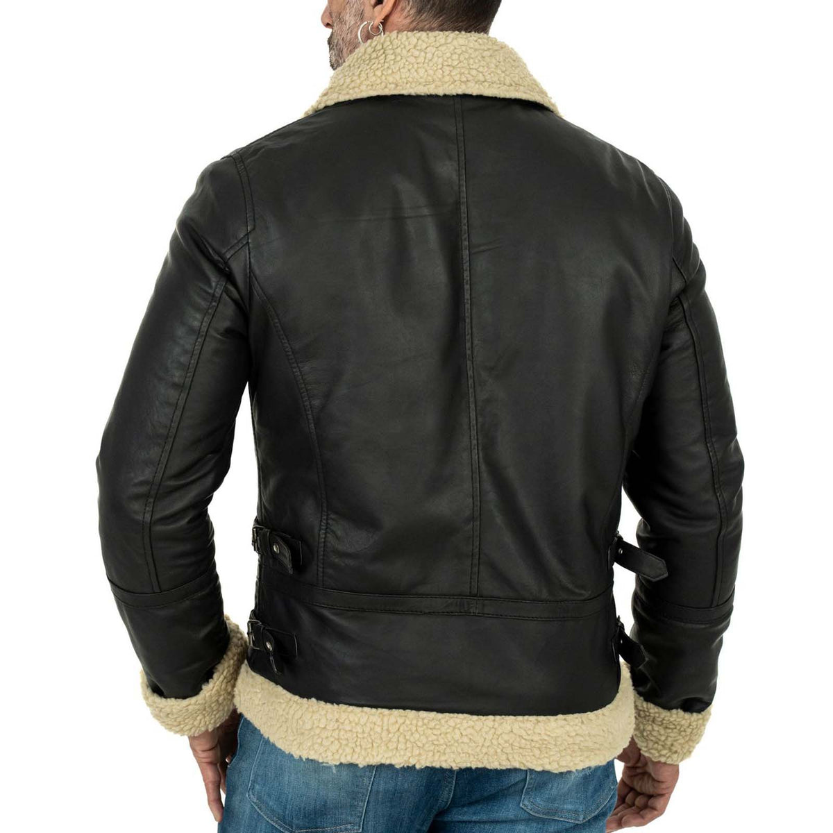 Giacca Biker In Vera Pelle Nero Interno Nero Uomo Slim In Stile Montone Collo Con Fibbia Rindway