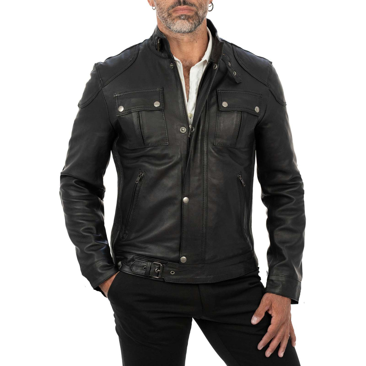Giacca Biker In Vera Pelle Nera Uomo Slim Chiusura Principale Cerniera E Patta Rindway