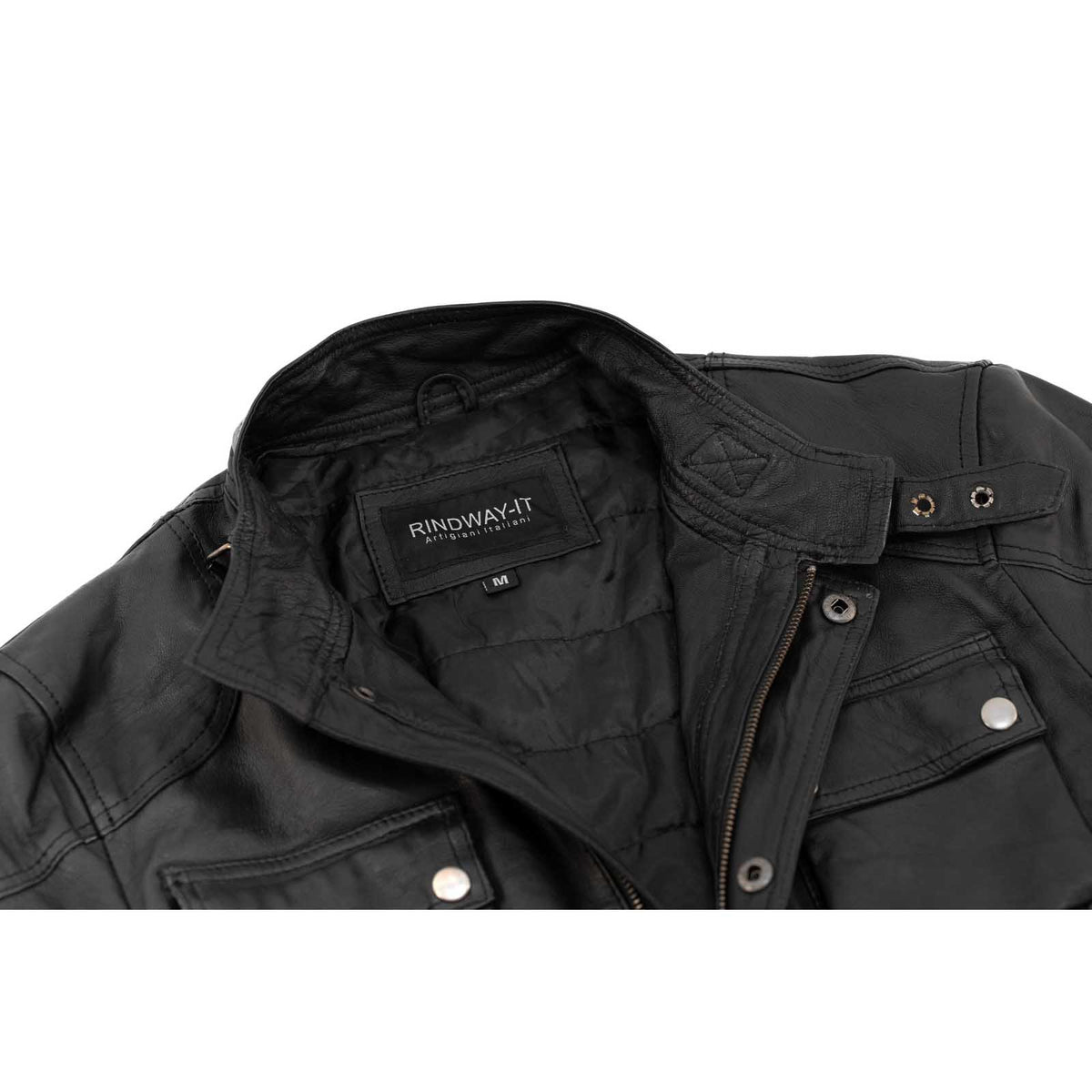 Giaccone Giacca Lungo In Vera Pelle Nera Uomo Slim Con Tasconi e Cintura Vita Rindway