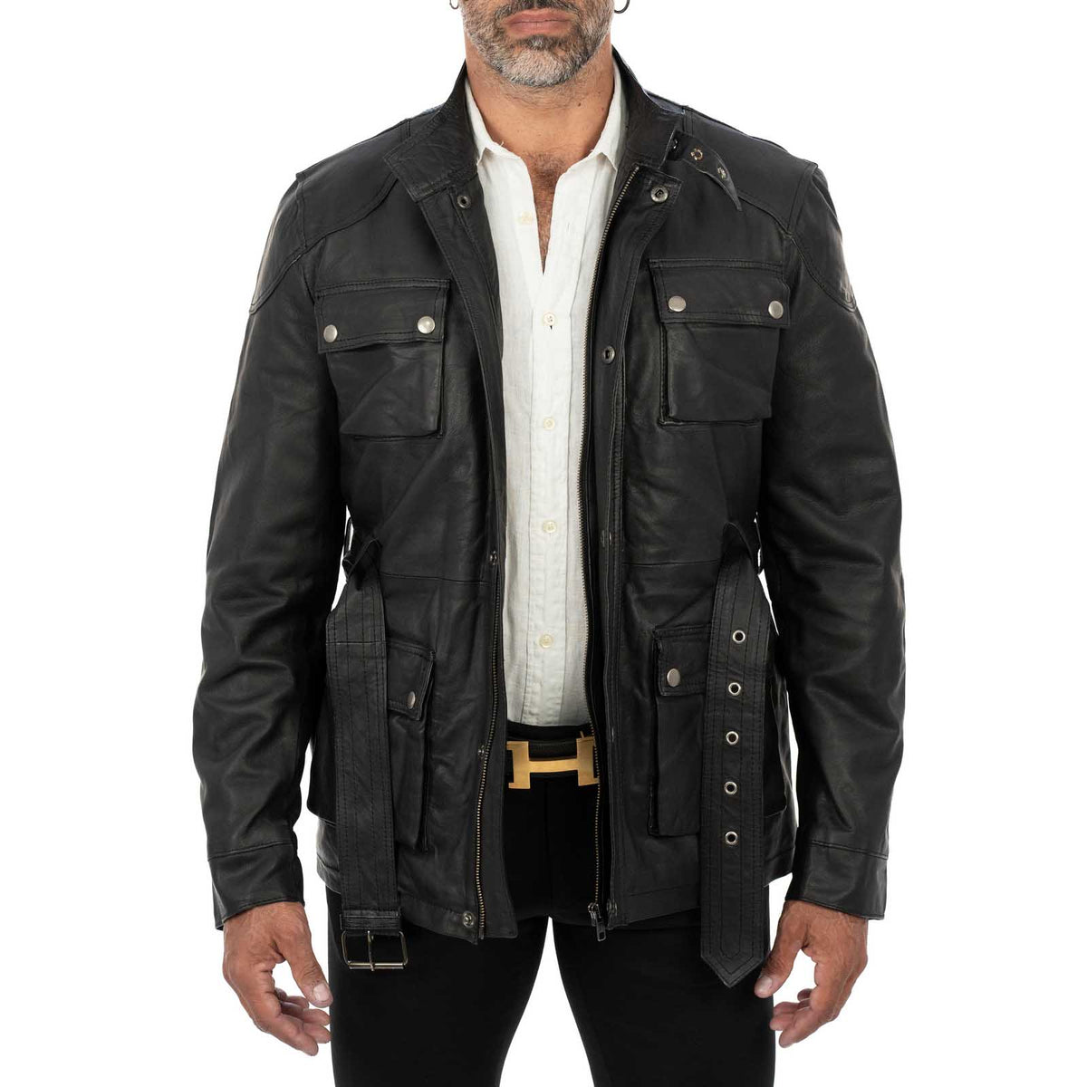 Giaccone Giacca Lungo In Vera Pelle Nera Uomo Slim Con Tasconi e Cintura Vita Rindway