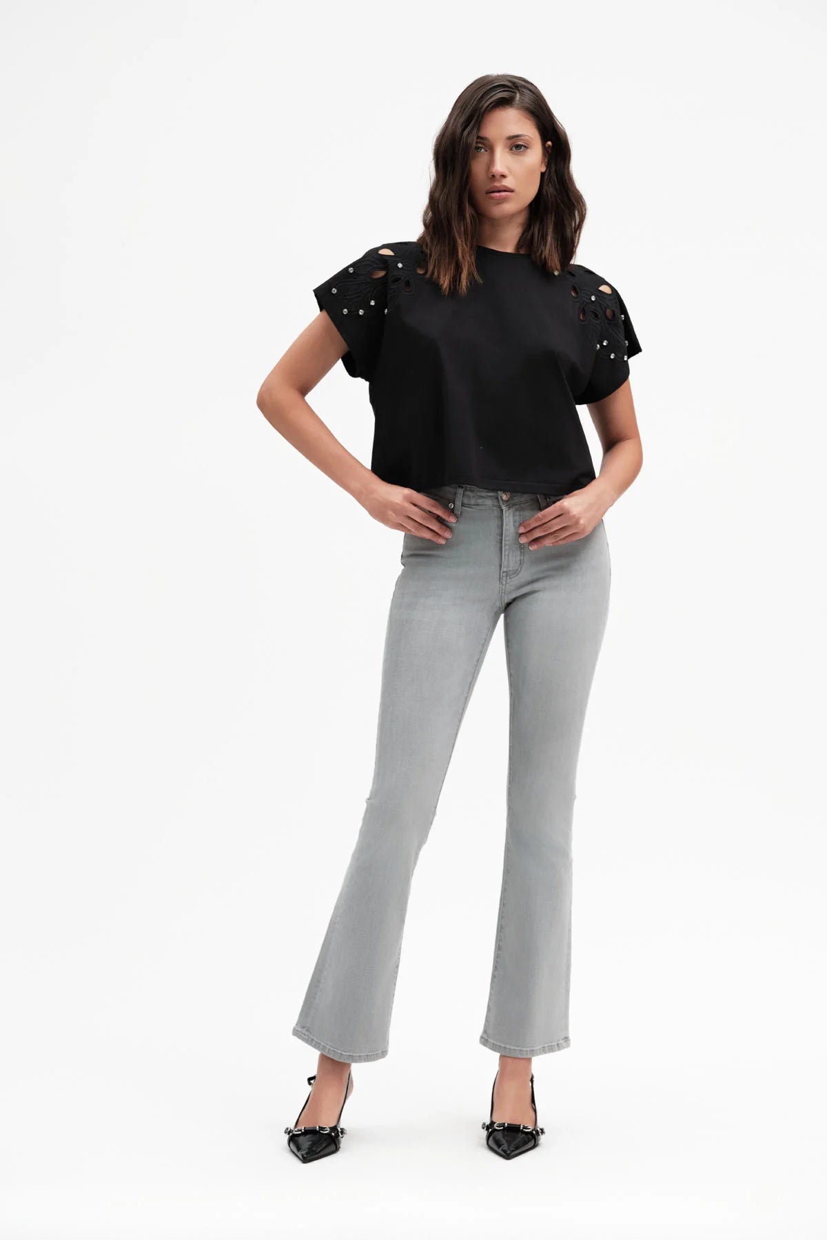 Griffai pantalone jeans donna Flare a zampa DGP7529 grigio