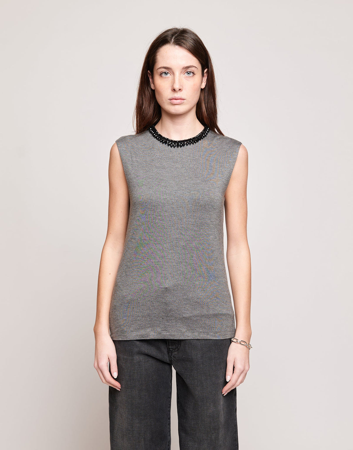 DOUUOD Top Senza Maniche in Jersey di Viscosa Stretch con Dettaglio Gioiello Grigio Melange