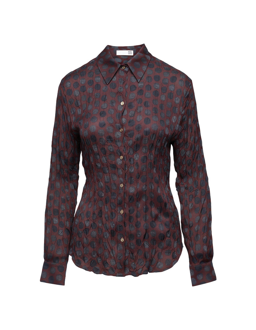 DOUUOD Camicia Stampata a Pois in Twill Plissé Moka/Oltremare