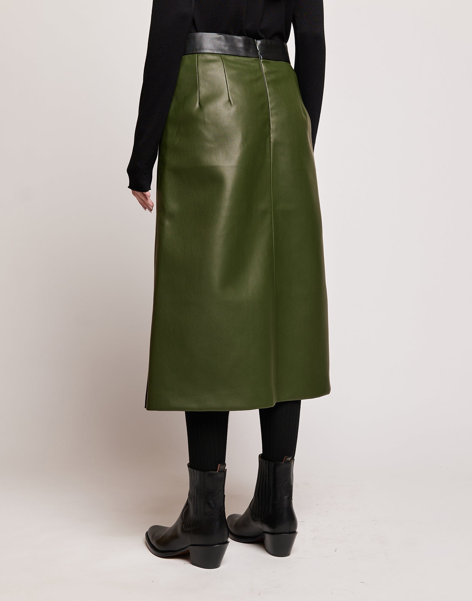 DOUUOD Gonna Longuette in Eco Soft Leather Bicolore Oliva/Nero