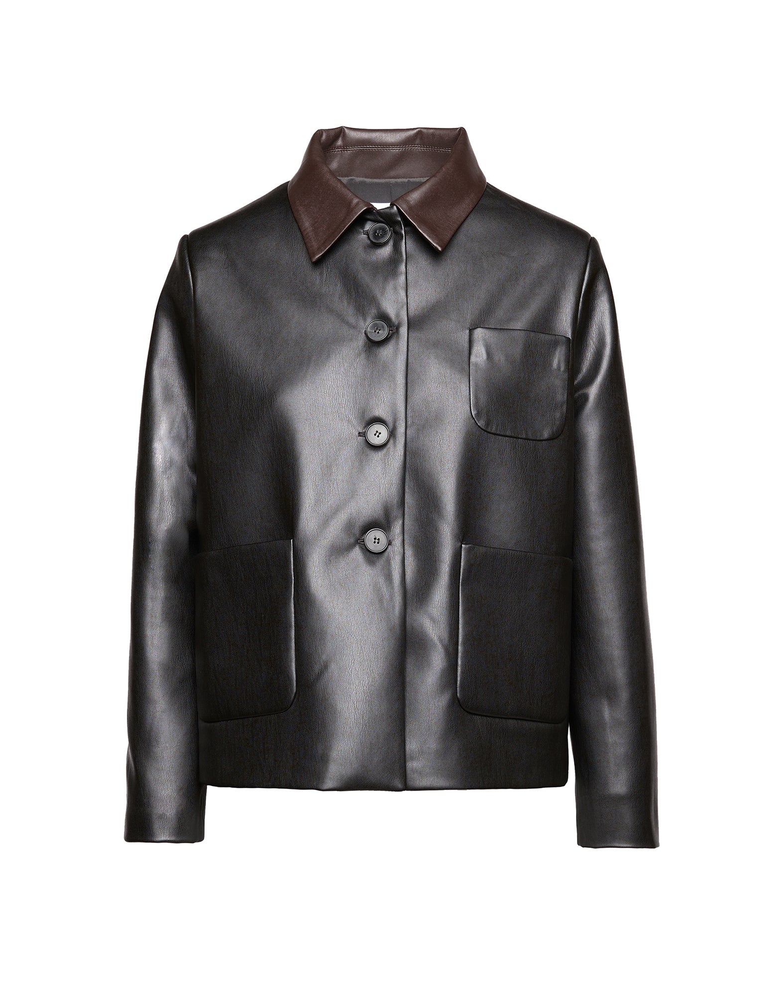 DOUUOD Giacca Scatolina in Eco Soft Leather con Collo a Contrasto Nero/Moro