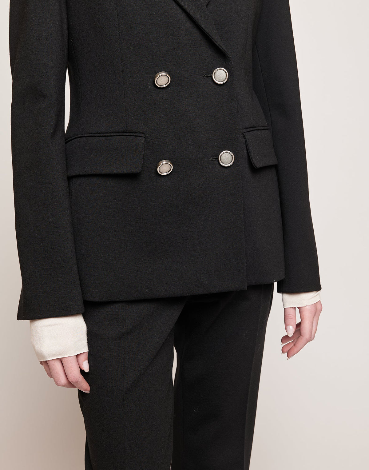DOUUOD Blazer Doppiopetto in Punto Milano con Bottoni in Metallo Nero