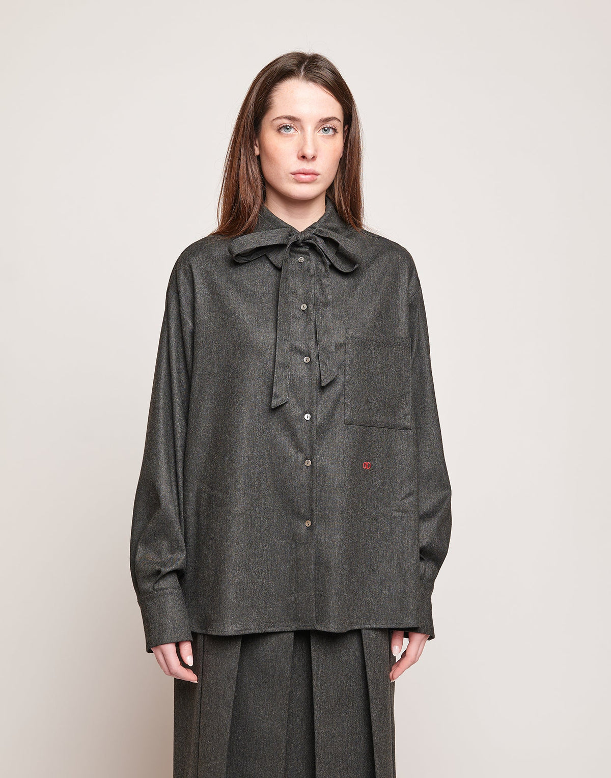 DOUUOD Camicia in Flanella Stretch con Nastro al Collo Grigio Antracite