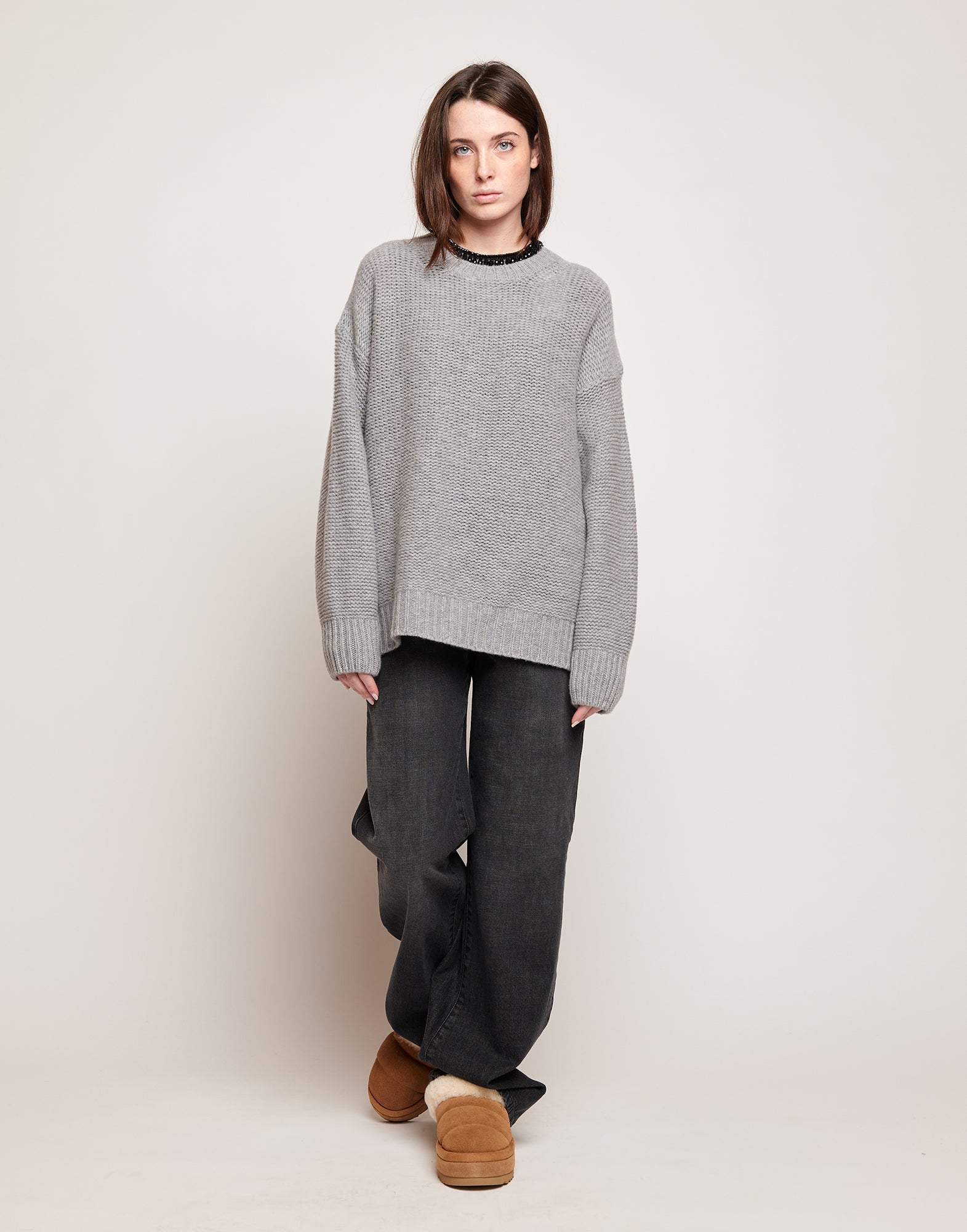 DOUUOD Maglione Girocollo in Lana e Cashmere Grigio Chiaro
