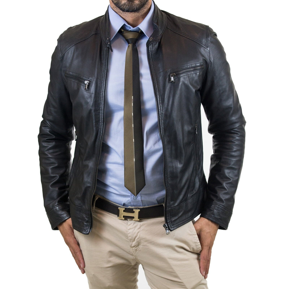 Giacca Biker In Vera Pelle Nero Uomo Slim Quattro Tasche Cerniera Rindway