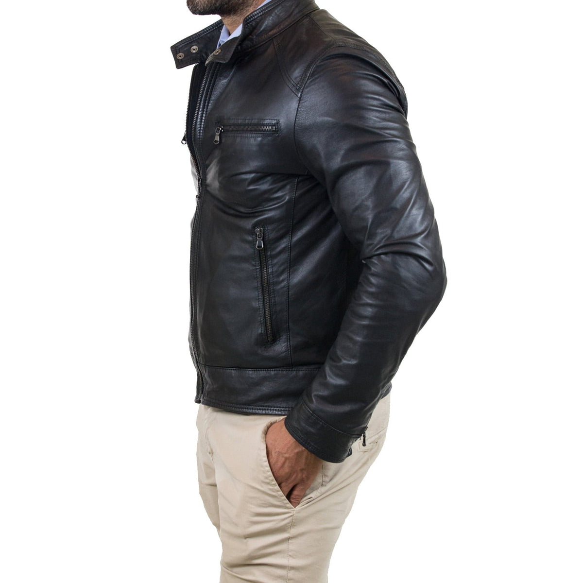 Giacca Biker In Vera Pelle Nero Uomo Slim Quattro Tasche Cerniera Rindway