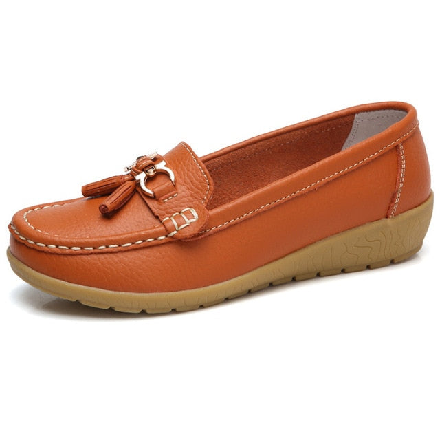 Mocassini Donna Estivi in Vera Pelle con Punta Tonda Slip-On